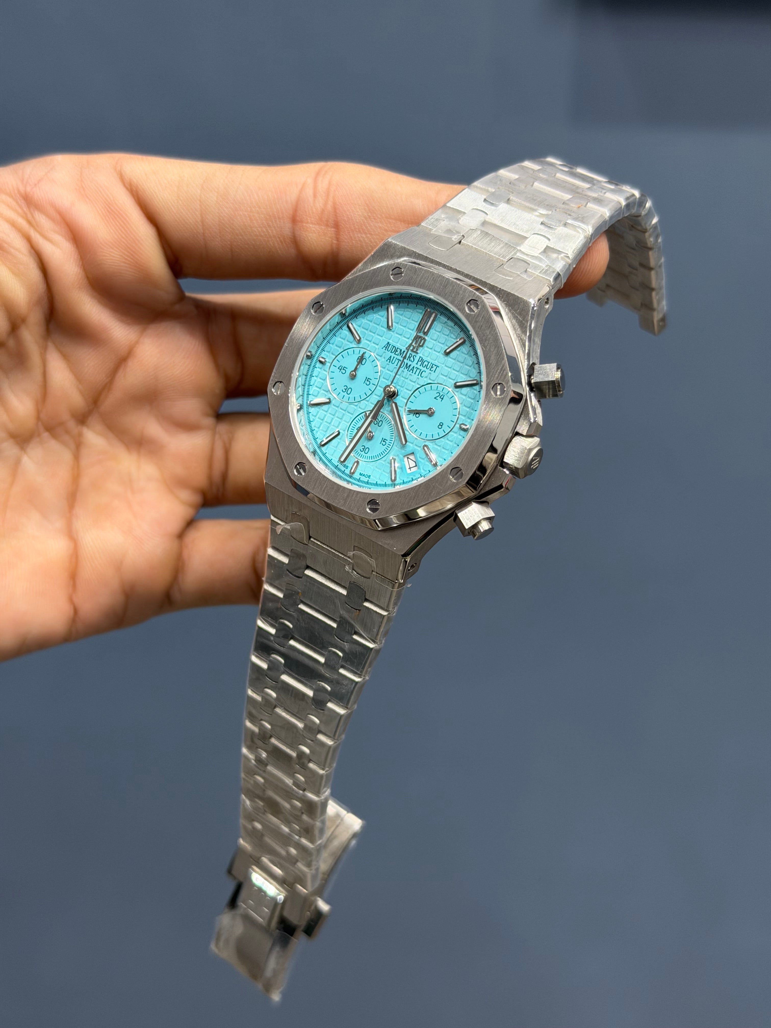 NEW COLLECTION CHRONOGRAPH SILVER WITH TIFFANY DIAL CHAIN WATCH