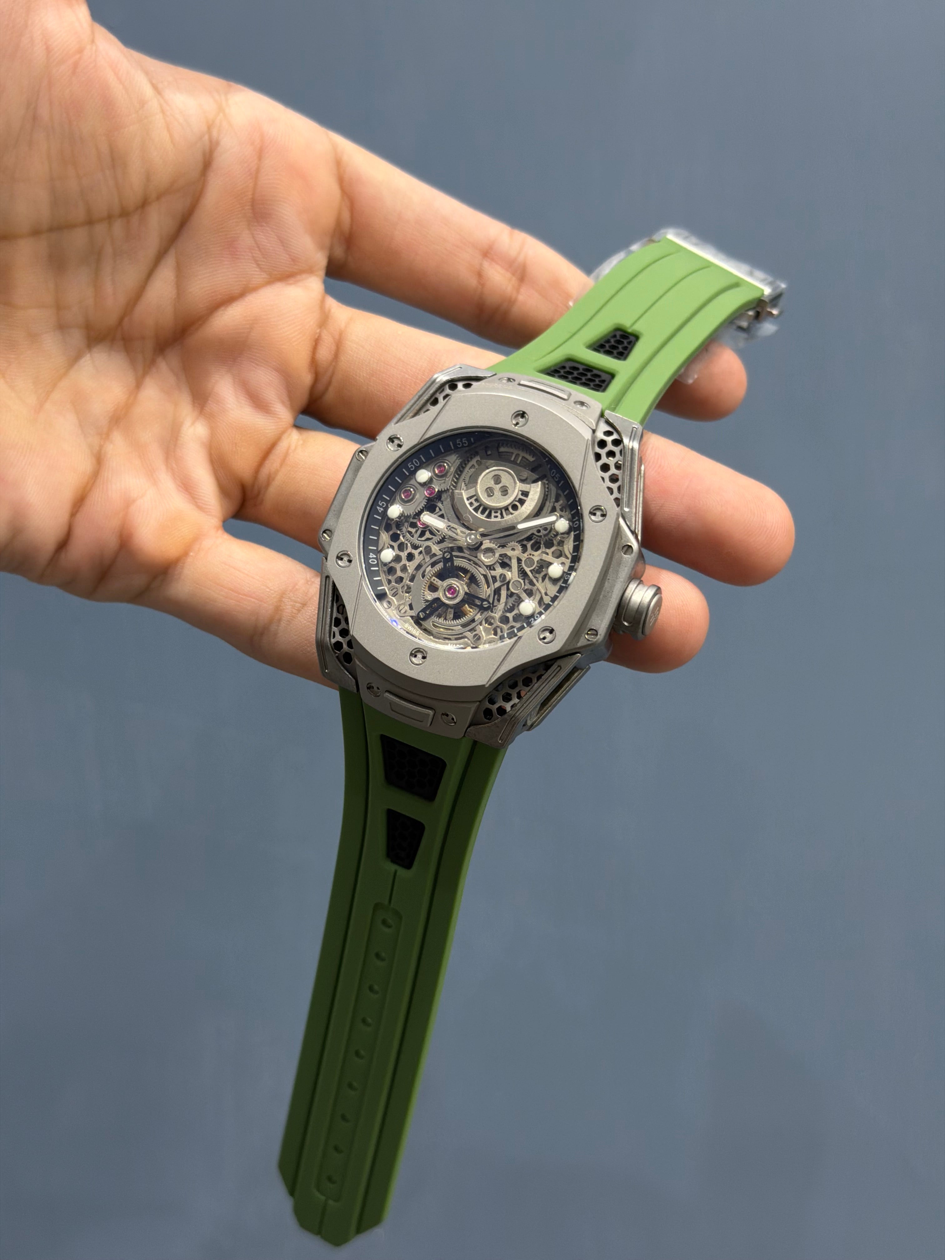 NEW COLLECTION HUBLOT BIG BANG TOURBILLION EDITION GREEN STRAP SILVER SKELETON DIAL