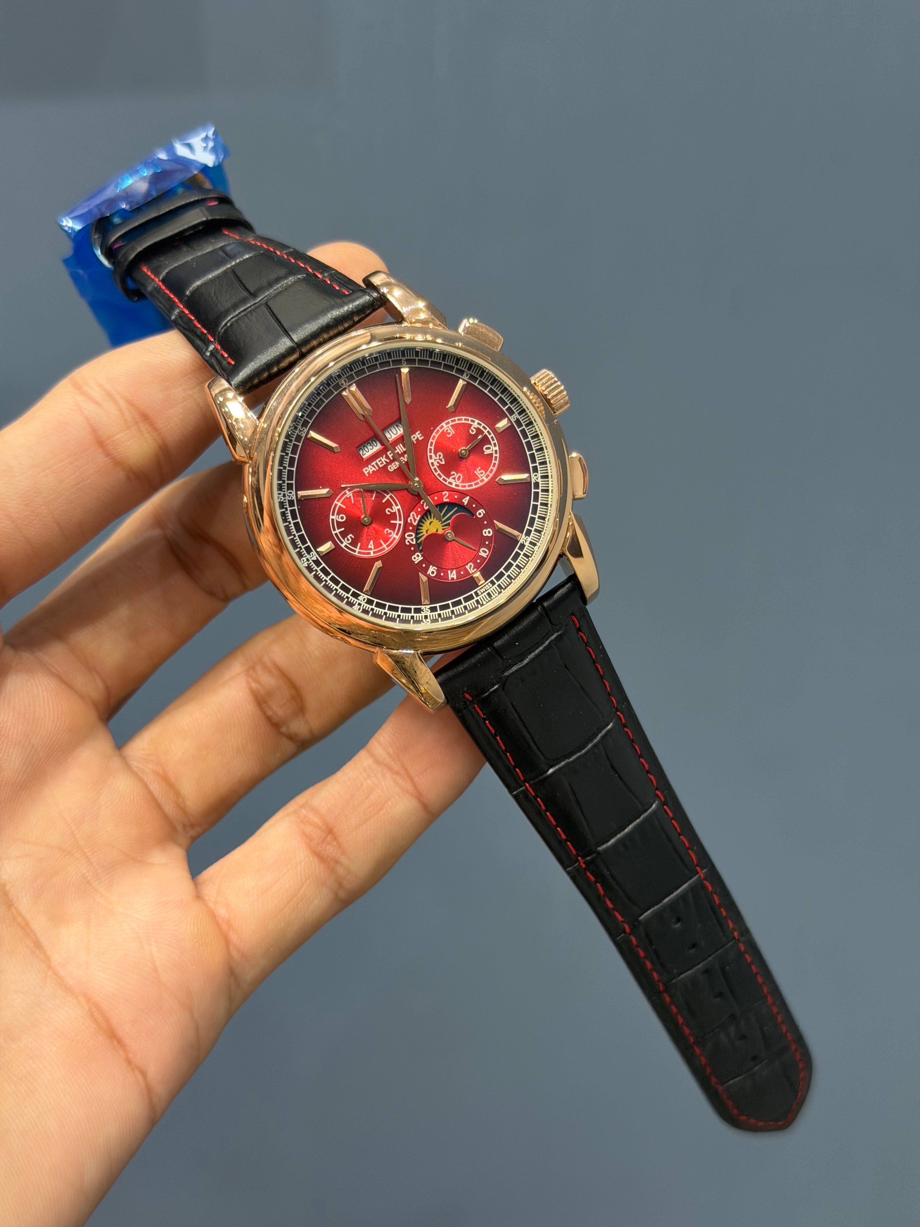 NEW COLLECTION CHRONOGRAPH ROSE CASE WITH INDEX RED DIAL & LEATHER STRAP