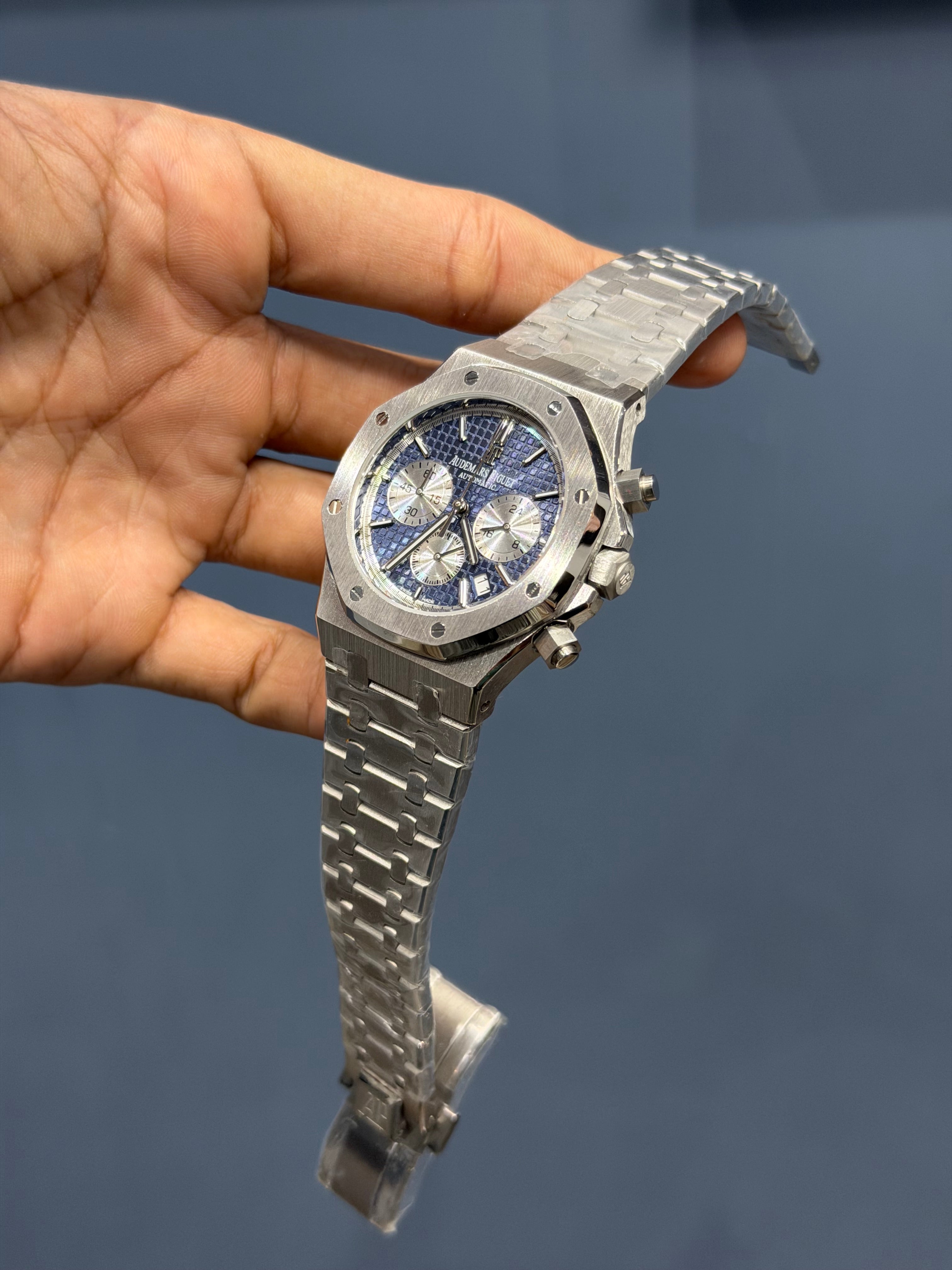 NEW COLLECTION CHRONOGRAPH SILVER WITH BLUE DIAL CHAIN WATCH
