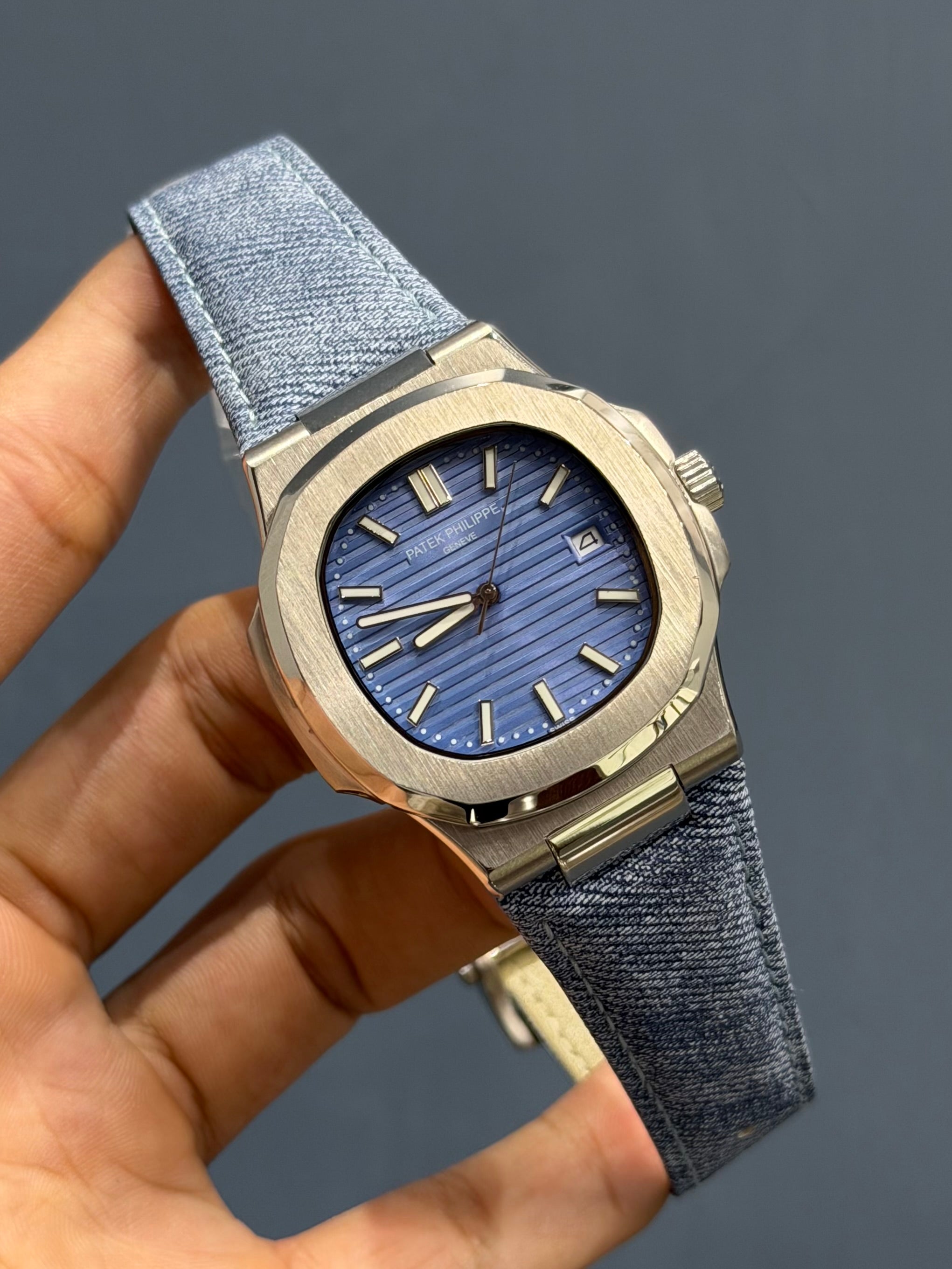 NEW COLLECTION SILVER CASE WITH SKY BLUE DIAL & DENIM STRAP AUTOMATIC WATCH