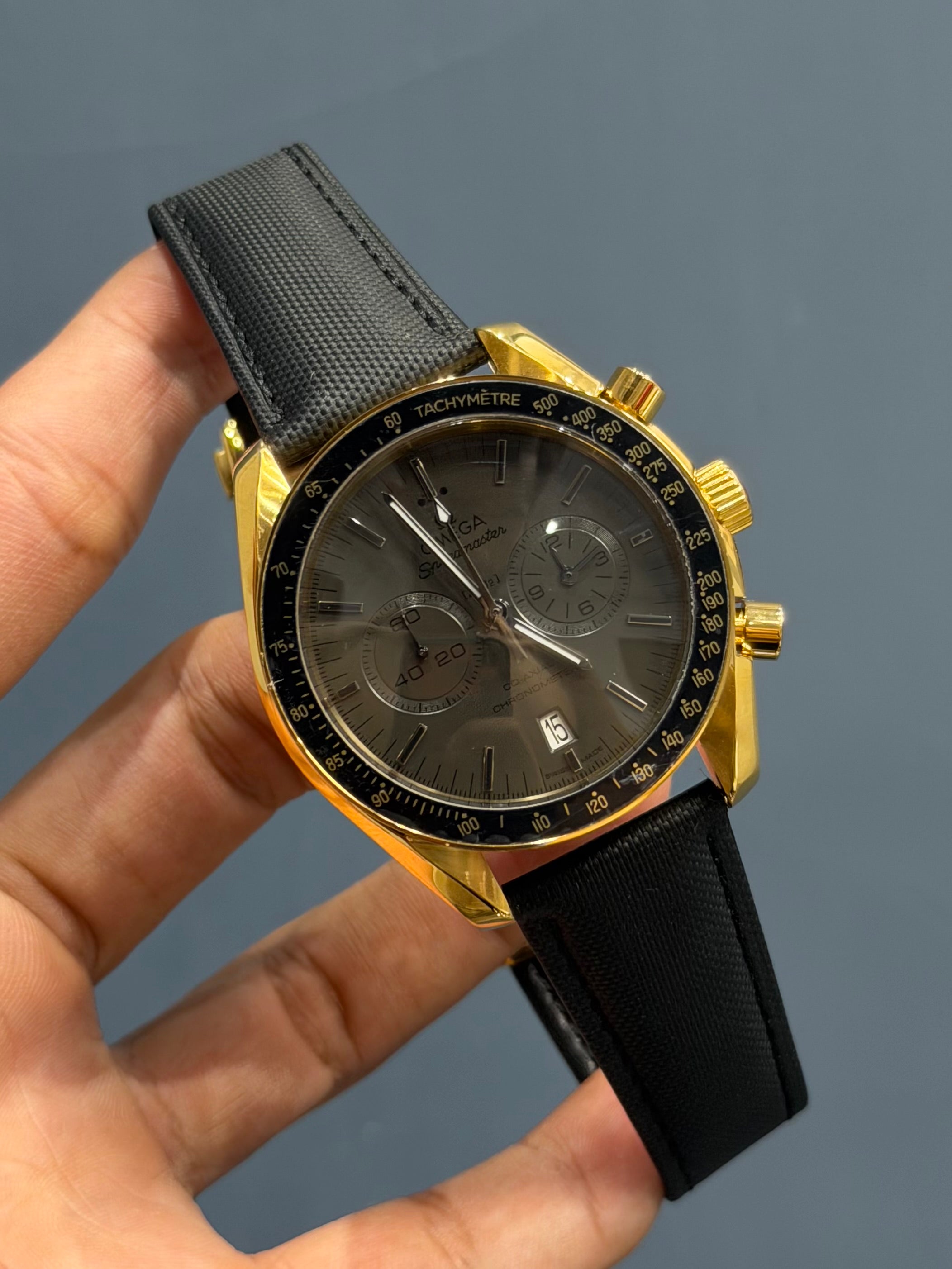 NEW COLLECTION CHRONOGRAPH YELLOW GOLD CASE WITH BLACK DIAL AND LEATHER STRAP