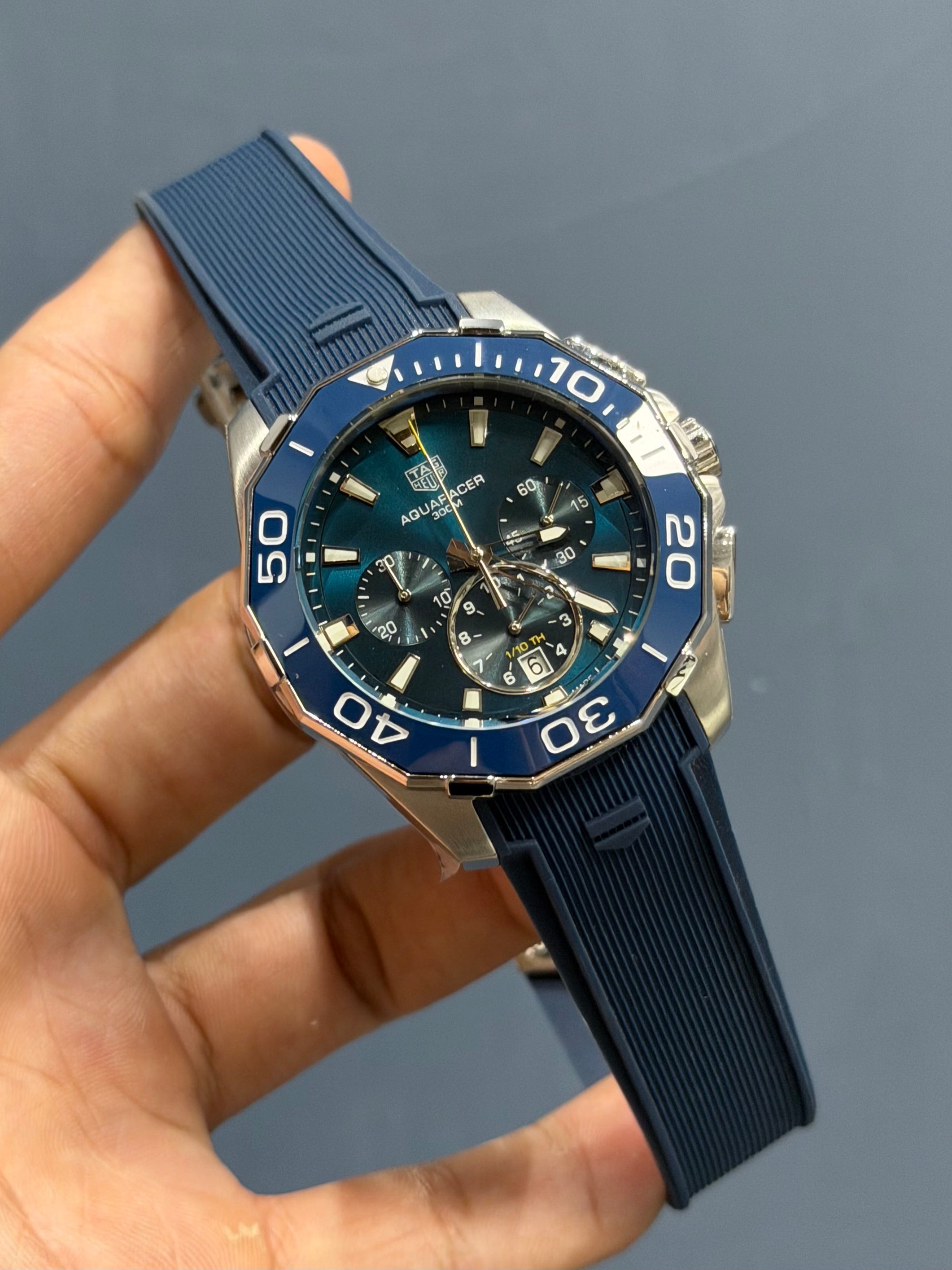 NEW COLLECTION CHRONOGRAPH SILVER CASE BLUE BEZEL & DIAL WITH RUBBER STRAP