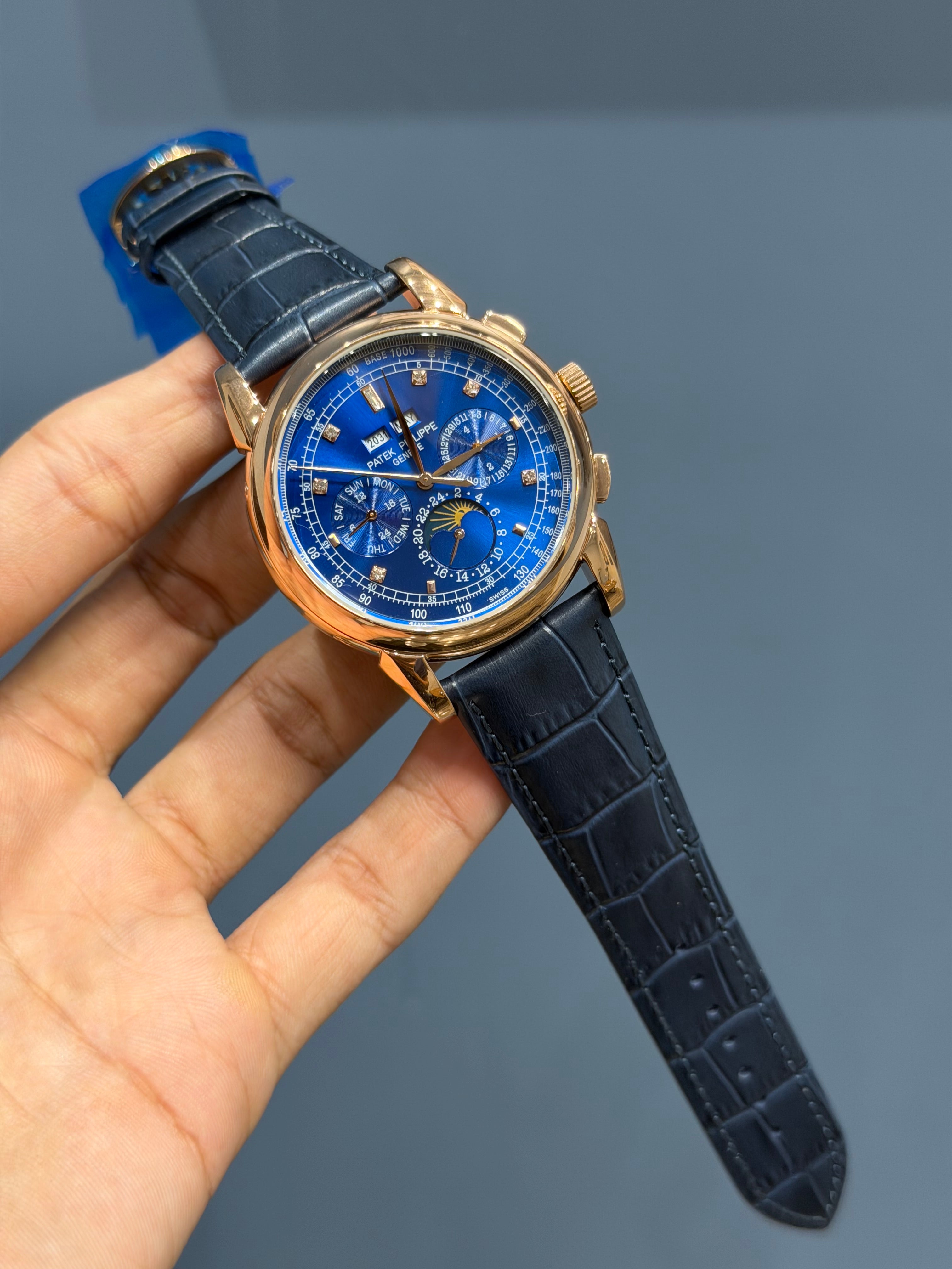 NEW COLLECTION CHRONOGRAPH ROSE CASE WITH BLUE DIAL & BLACK LEATHER STRAP