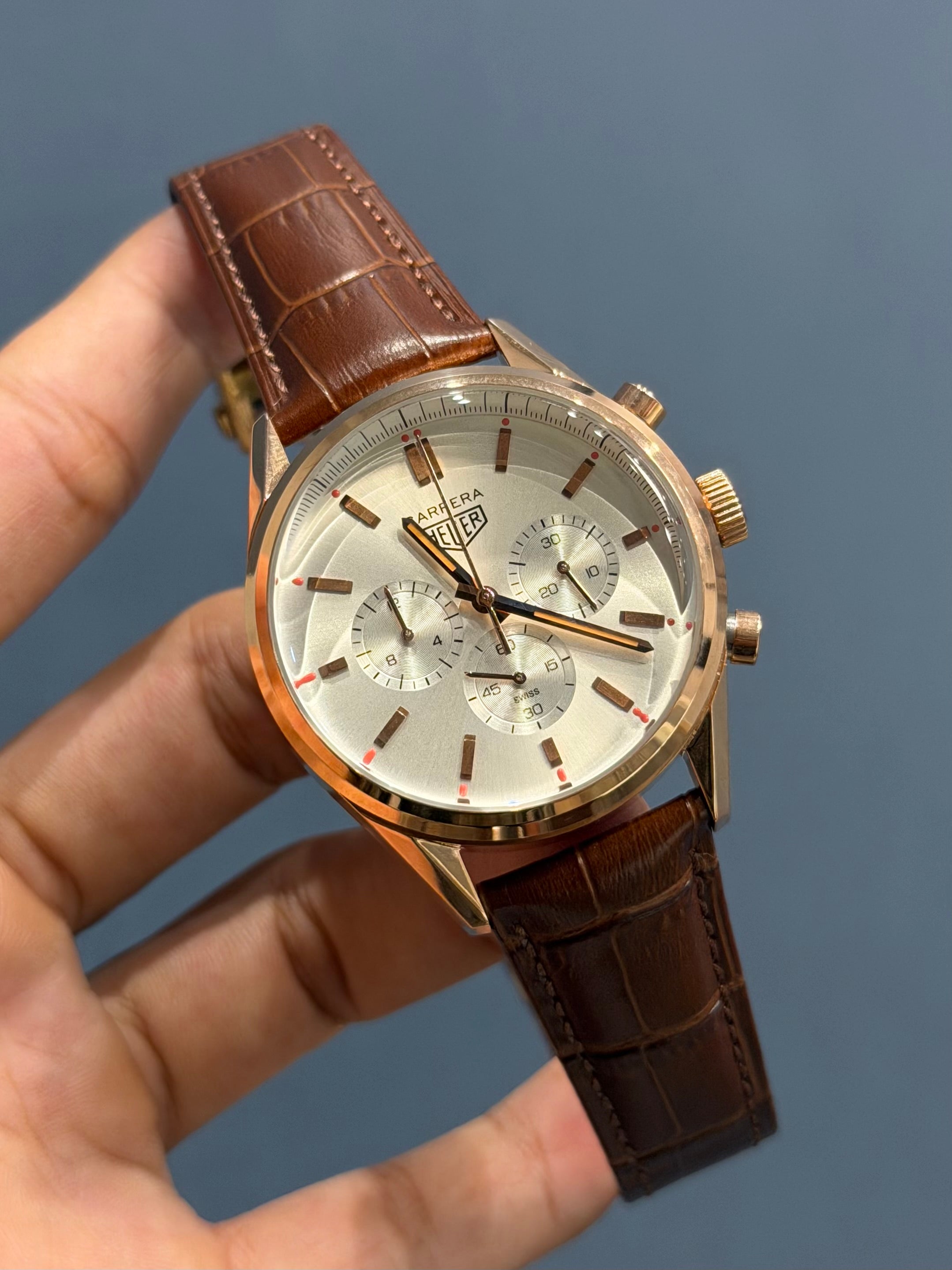 NEW COLLECTION CHRONOGRAPH ROSE CASE WITH WHITE DIAL & BEZEL WITH LEATHER STRAP