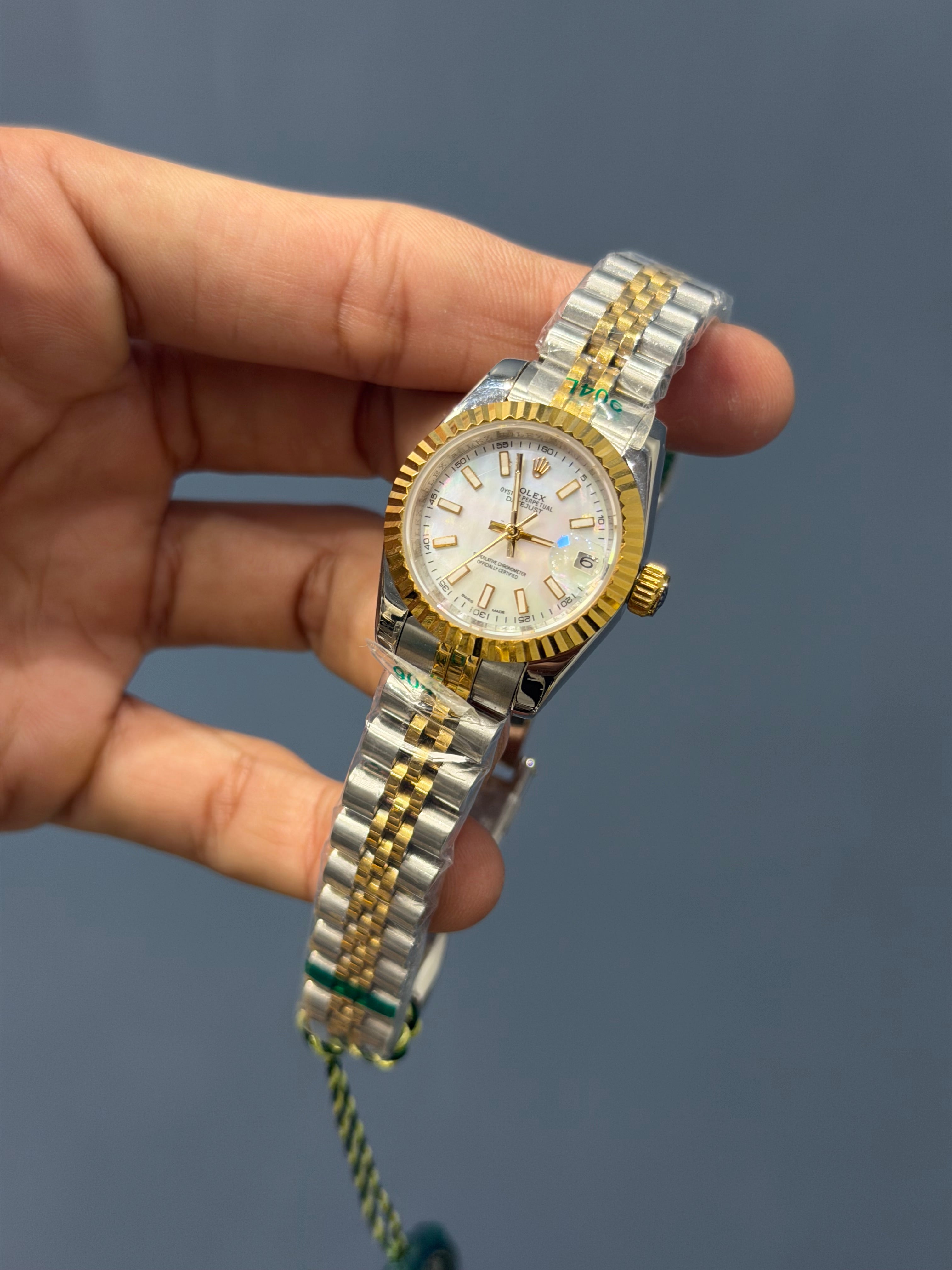 NEW COLLECTION 31 TWOTONE YELLOW GOLD WITH WHITE PEARL DIAL STONE BEZEL AUTOMATIC WATCH
