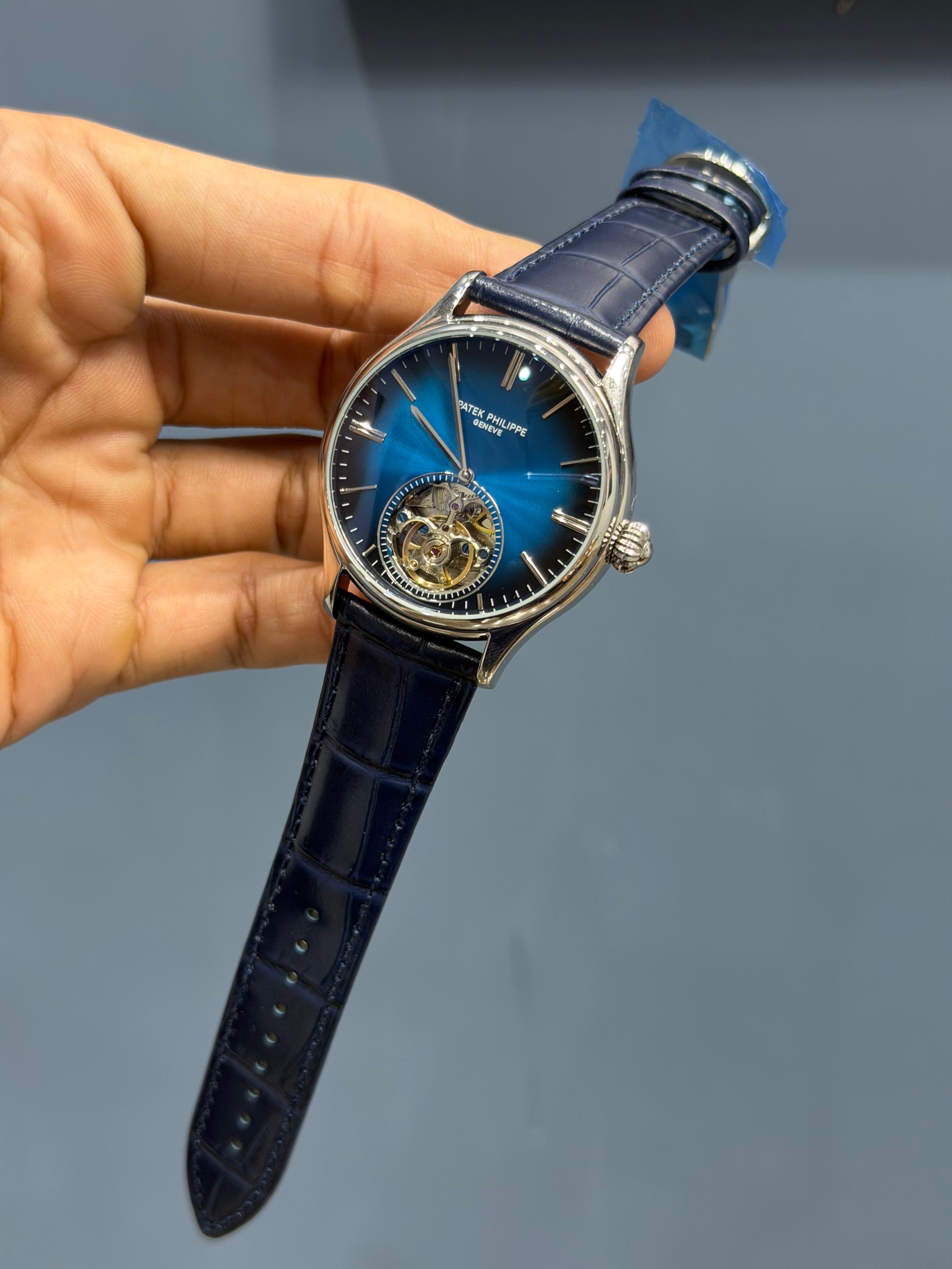 NEW COLLECTION TOURBILLON SILVER CASE WITH BLUE DIAL & BLUE LEATHER STRAP