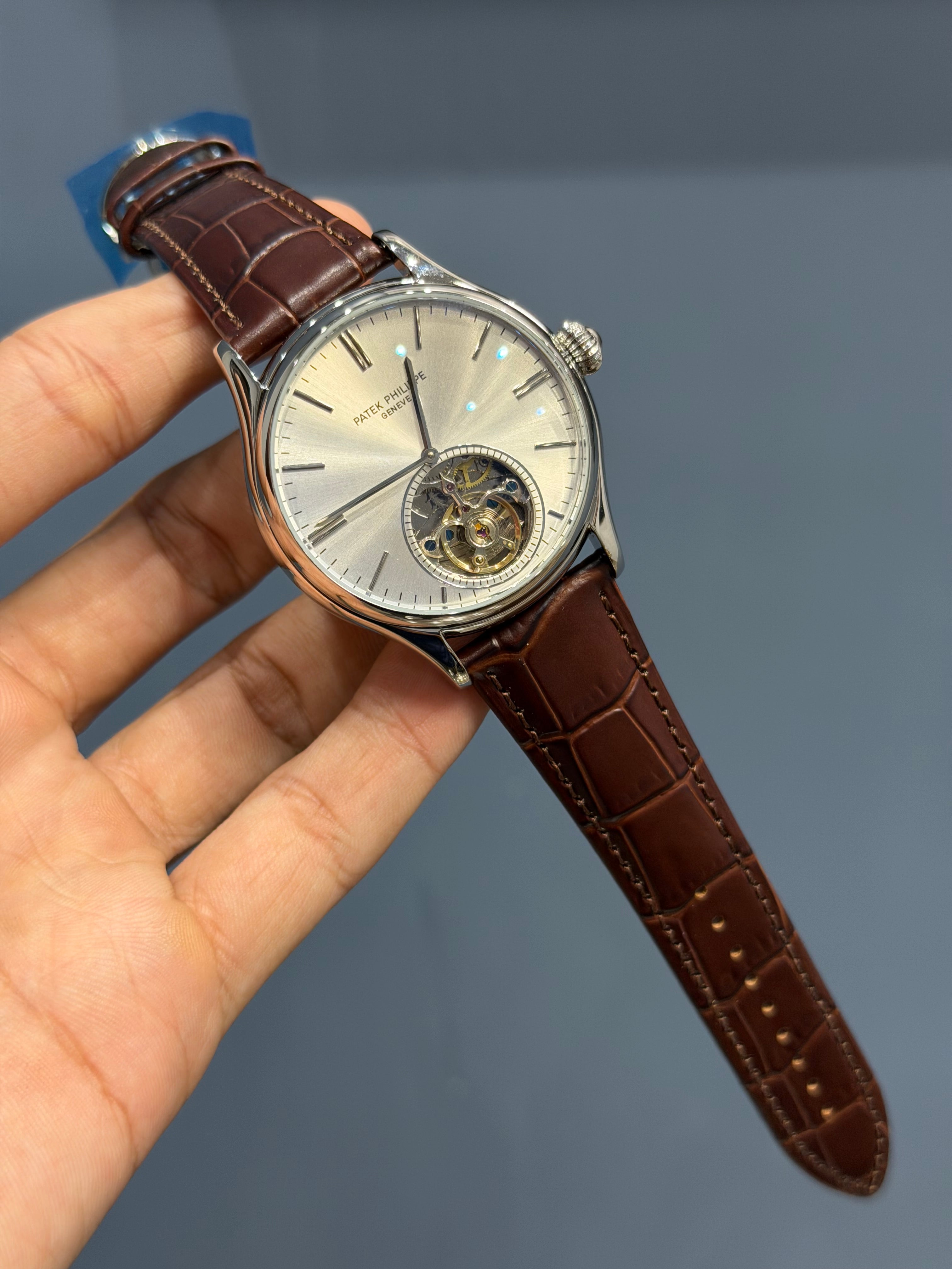 NEW COLLECTION TOURBILLON SILVER CASE WITH WHITE DIAL & BROWN LEATHER STRAP