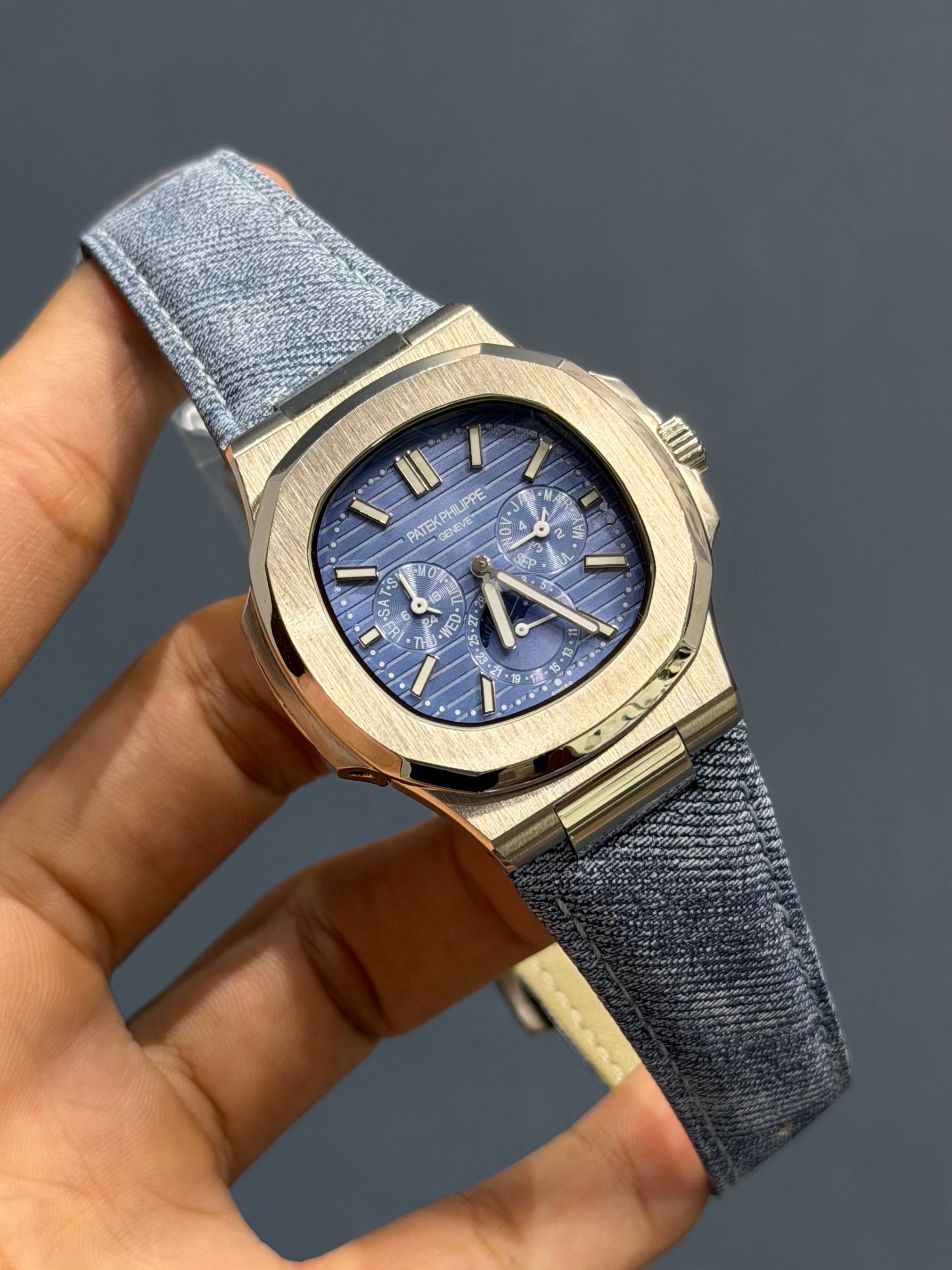 NEW COLLECTION MOON PHASE SILVER WITH SKY DIAL DENIM STRAP AUTOMATIC WATCH