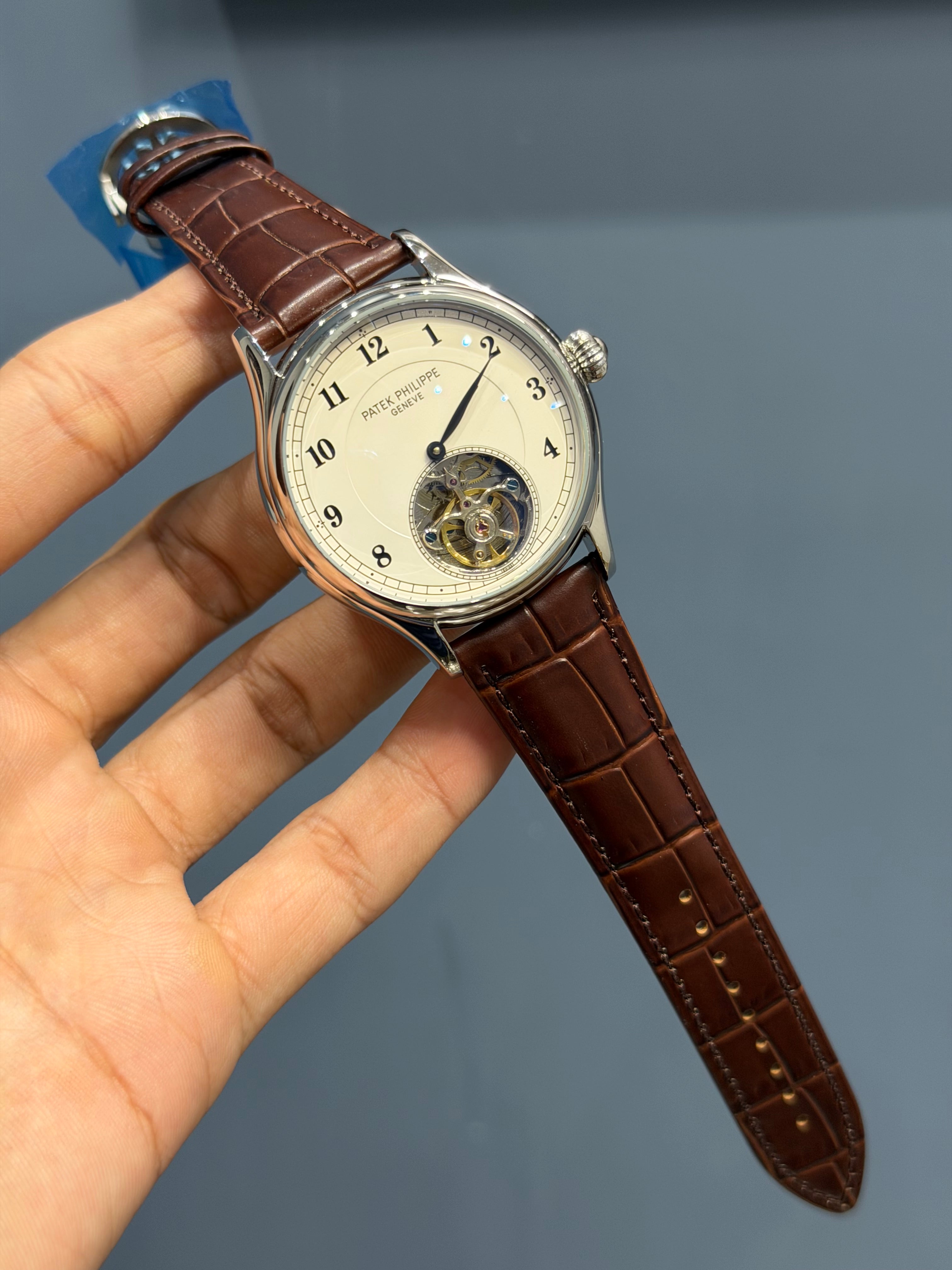 NEW COLLECTION TOURBILLON SILVER CASE WITH WHITE DIAL & BROWN LEATHER STRAP