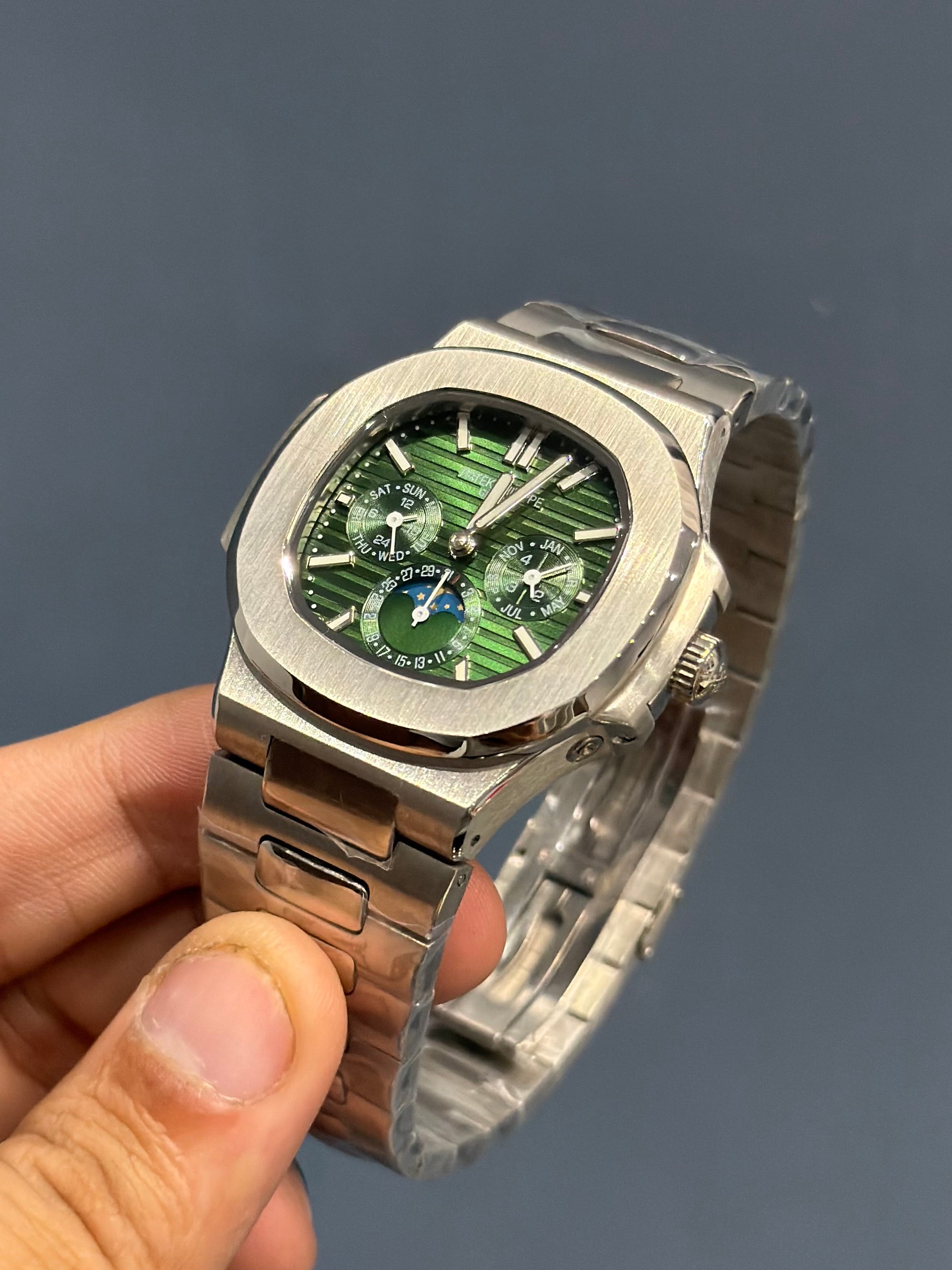 NEW COLLECTION MOON PHASE CHRONOGRAPH SILVER CASE WITH GREEN DIAL AUTOMATIC WATCH