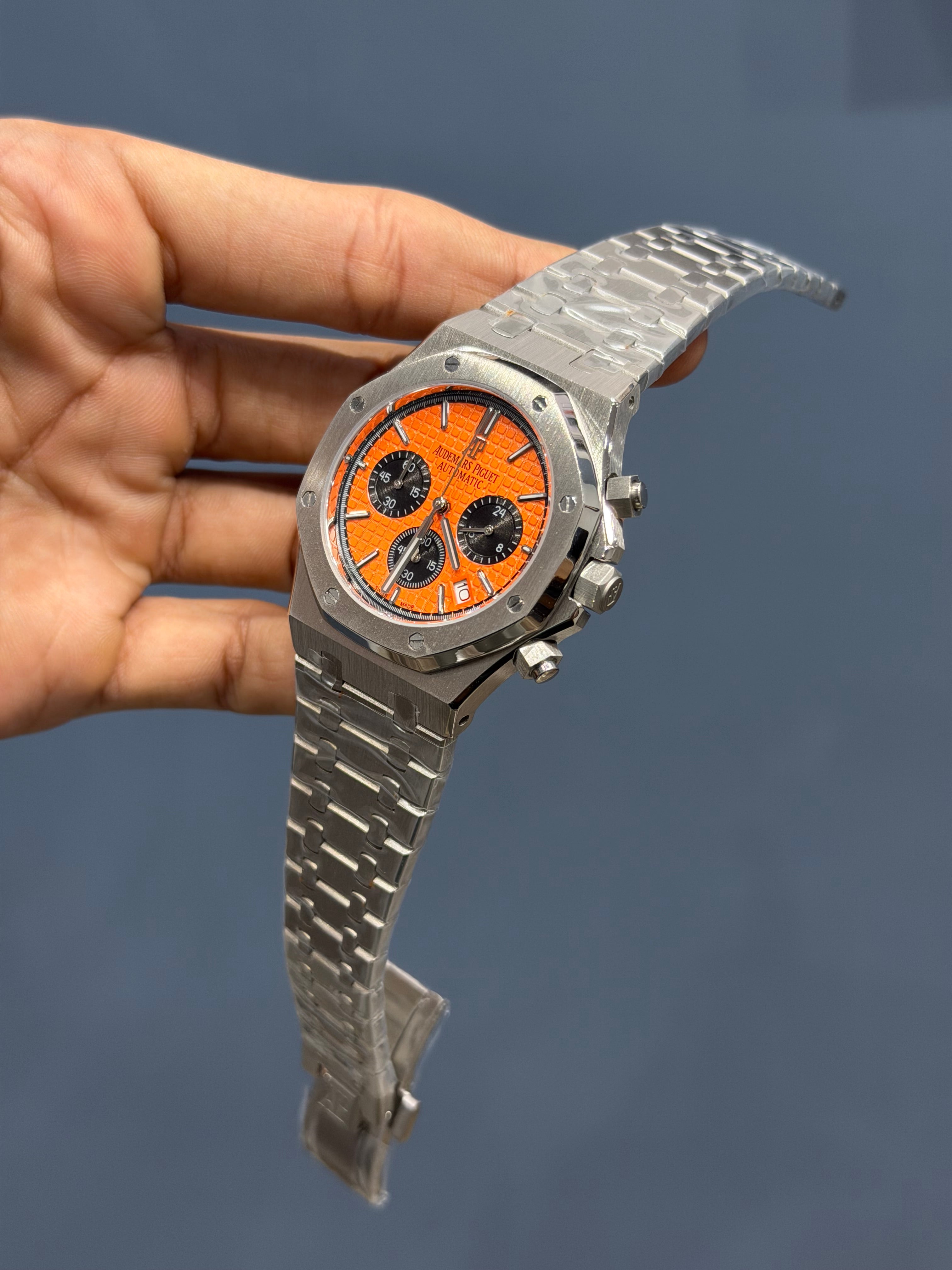 NEW COLLECTION CHRONOGRAPH SILVER WITH ORANGE DIAL CHAIN WATCH