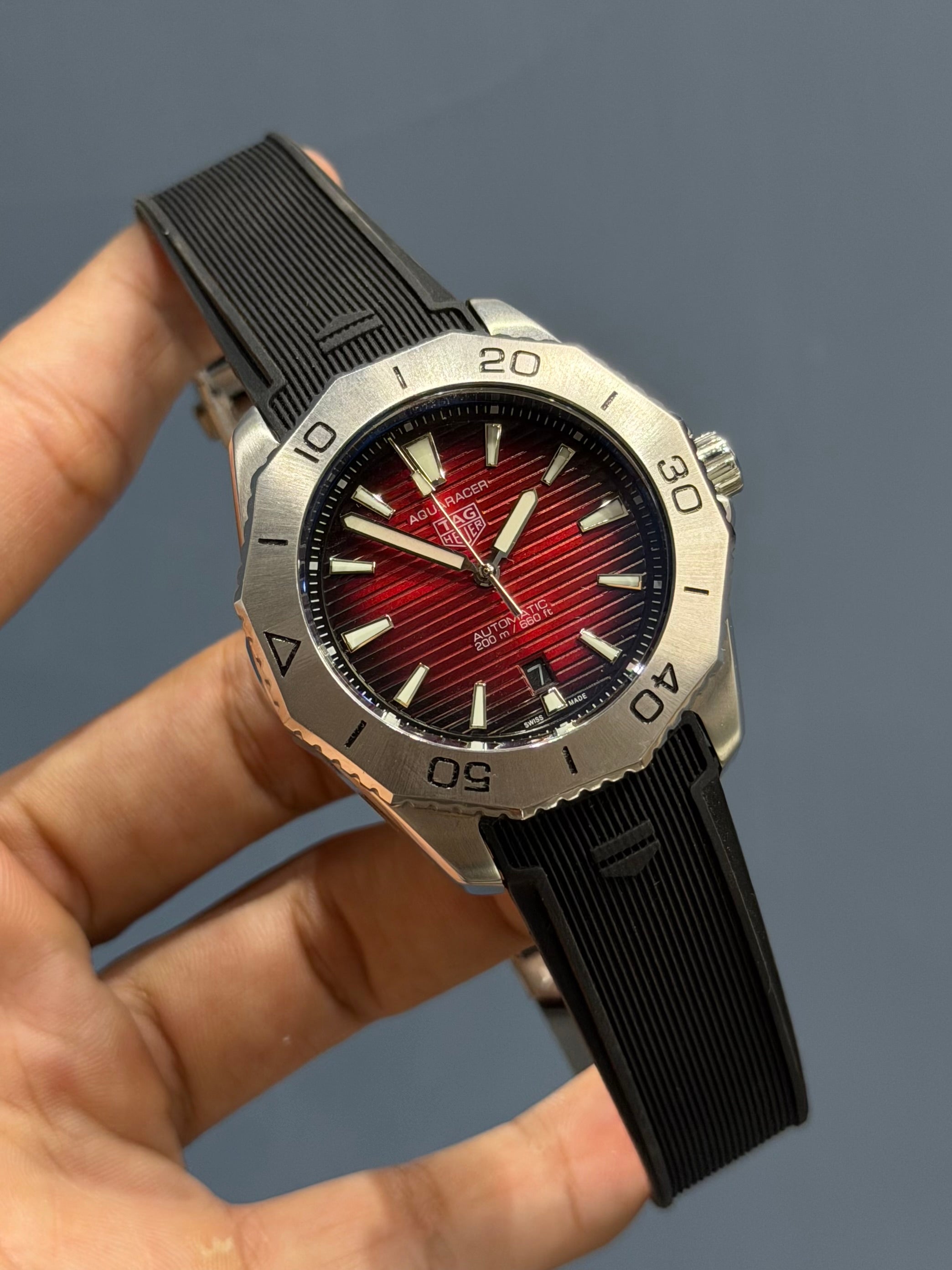NEW COLLECTION SILVER WITH CHEERY DIAL & BLACK SILICONE STRAP AUTOMATIC WATCH