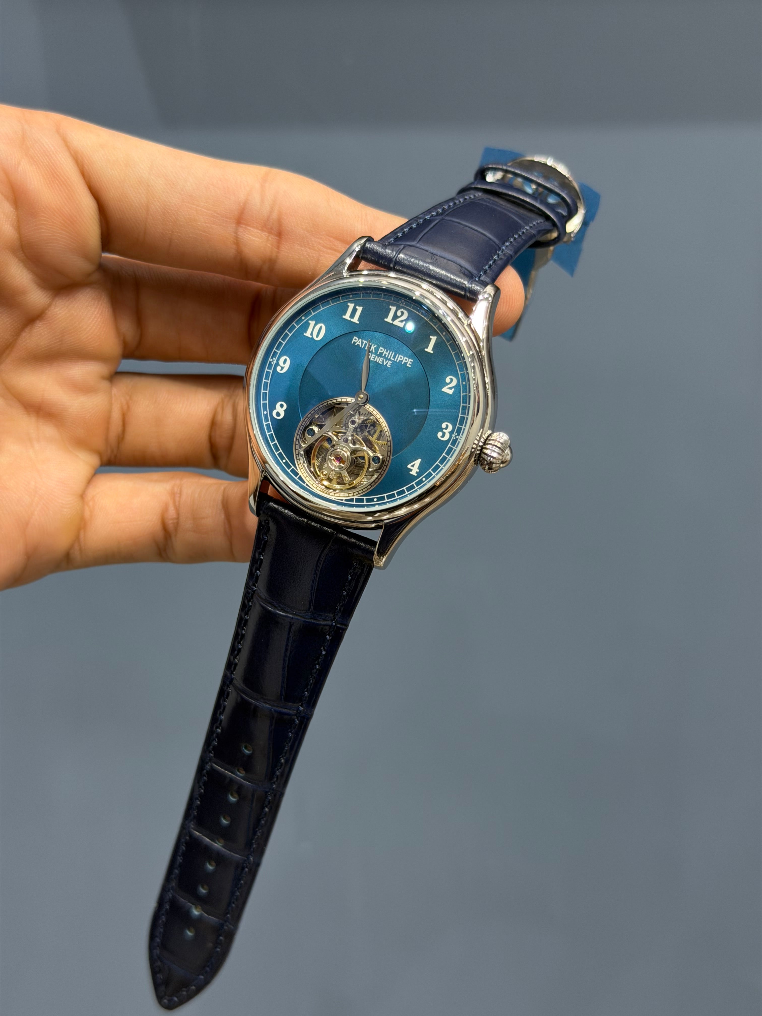 NEW COLLECTION TOURBILLON SILVER CASE WITH BLUE DIAL & BLACK LEATHER STRAP