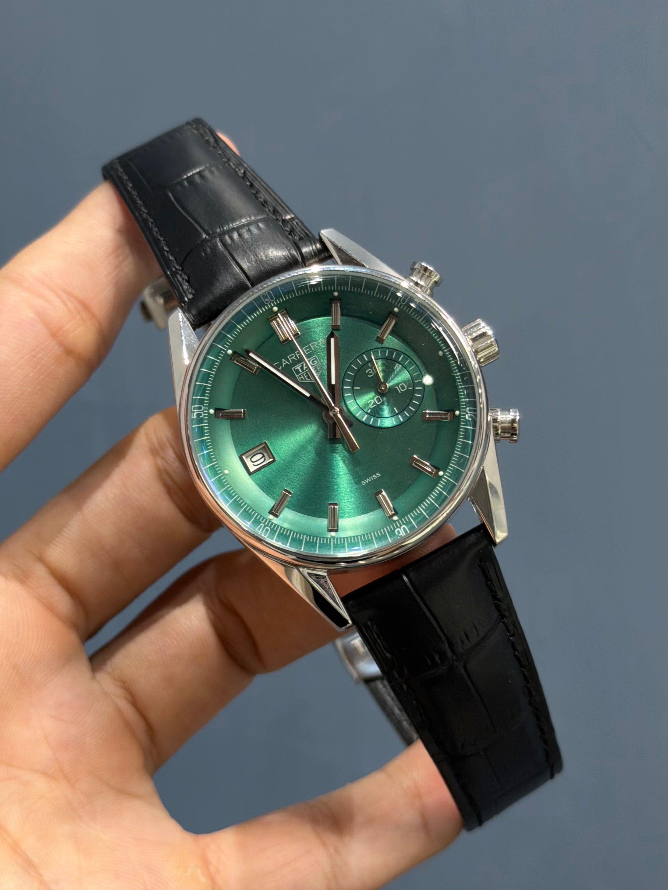 NEW COLLECTION CHRONOGRAPH HORSE EDITION SILVER WITH GREEN DIAL LEATHER STRAP WATCH