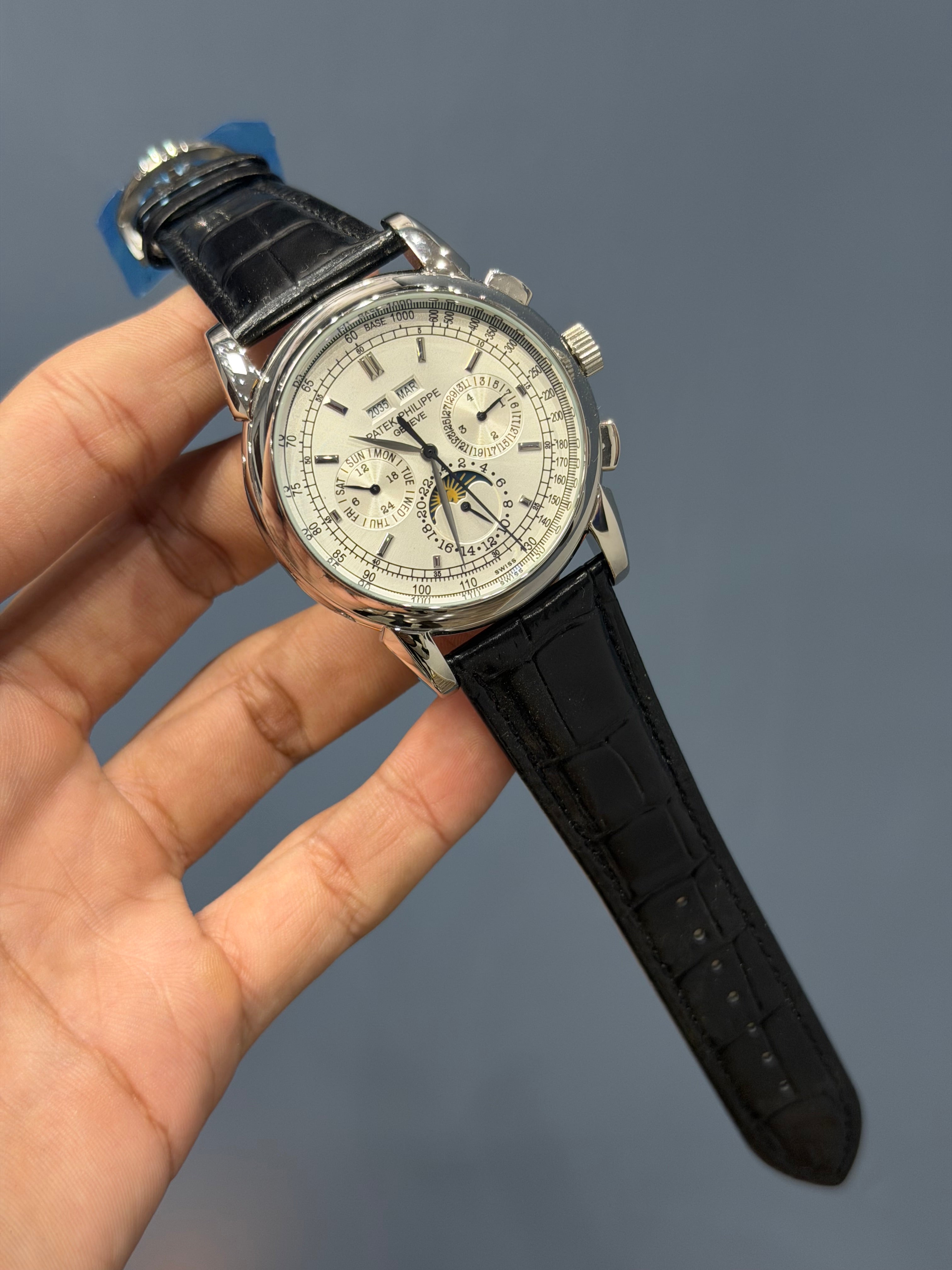 NEW COLLECTION CHRONOGRAPH SILVER CASE WITH INDEX WHITE DIAL & LEATHER STRAP