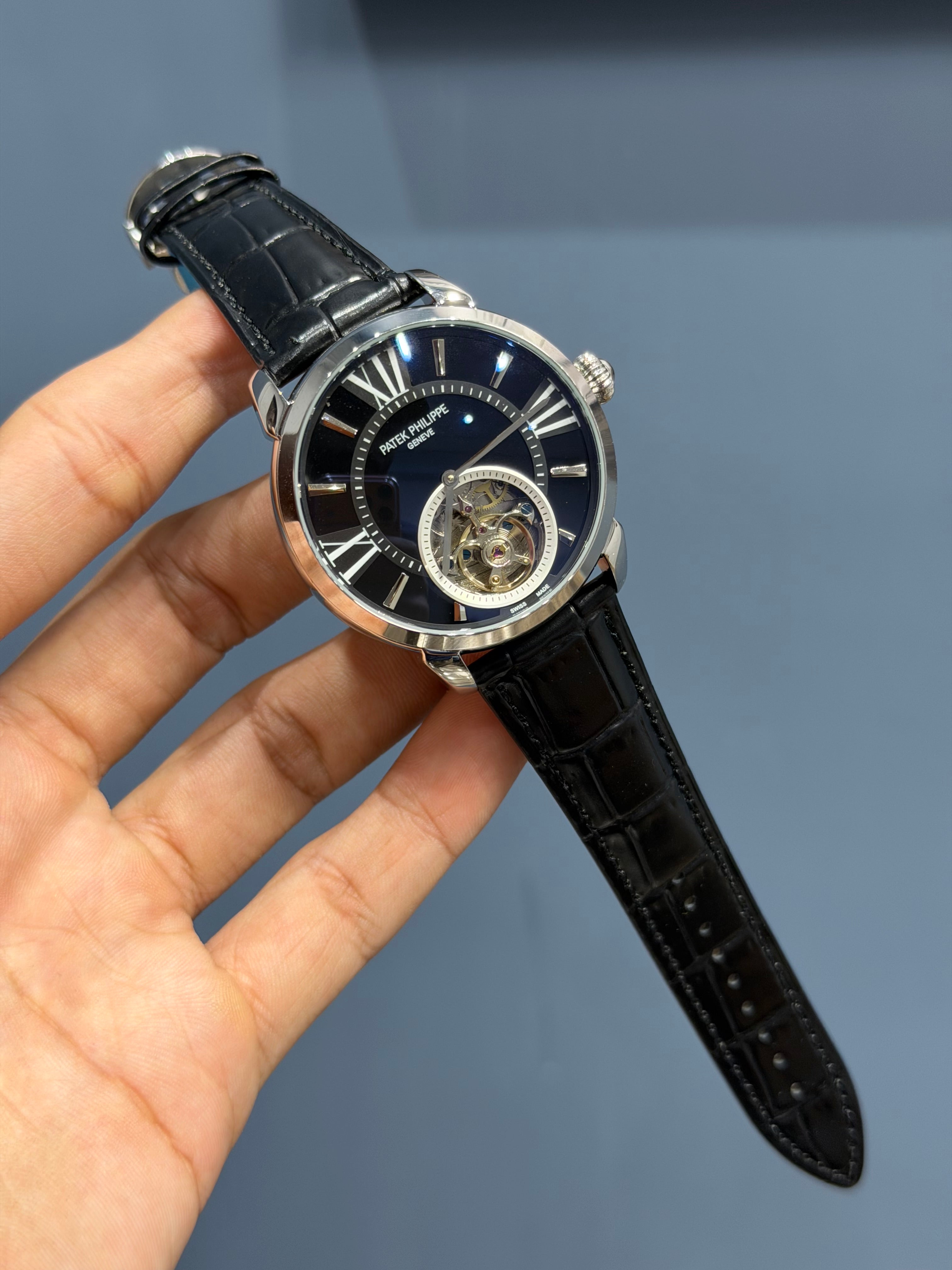 NEW COLLECTION TOURBILLON SILVER CASE WITH BLACK DIAL & BLACK LEATHER STRAP