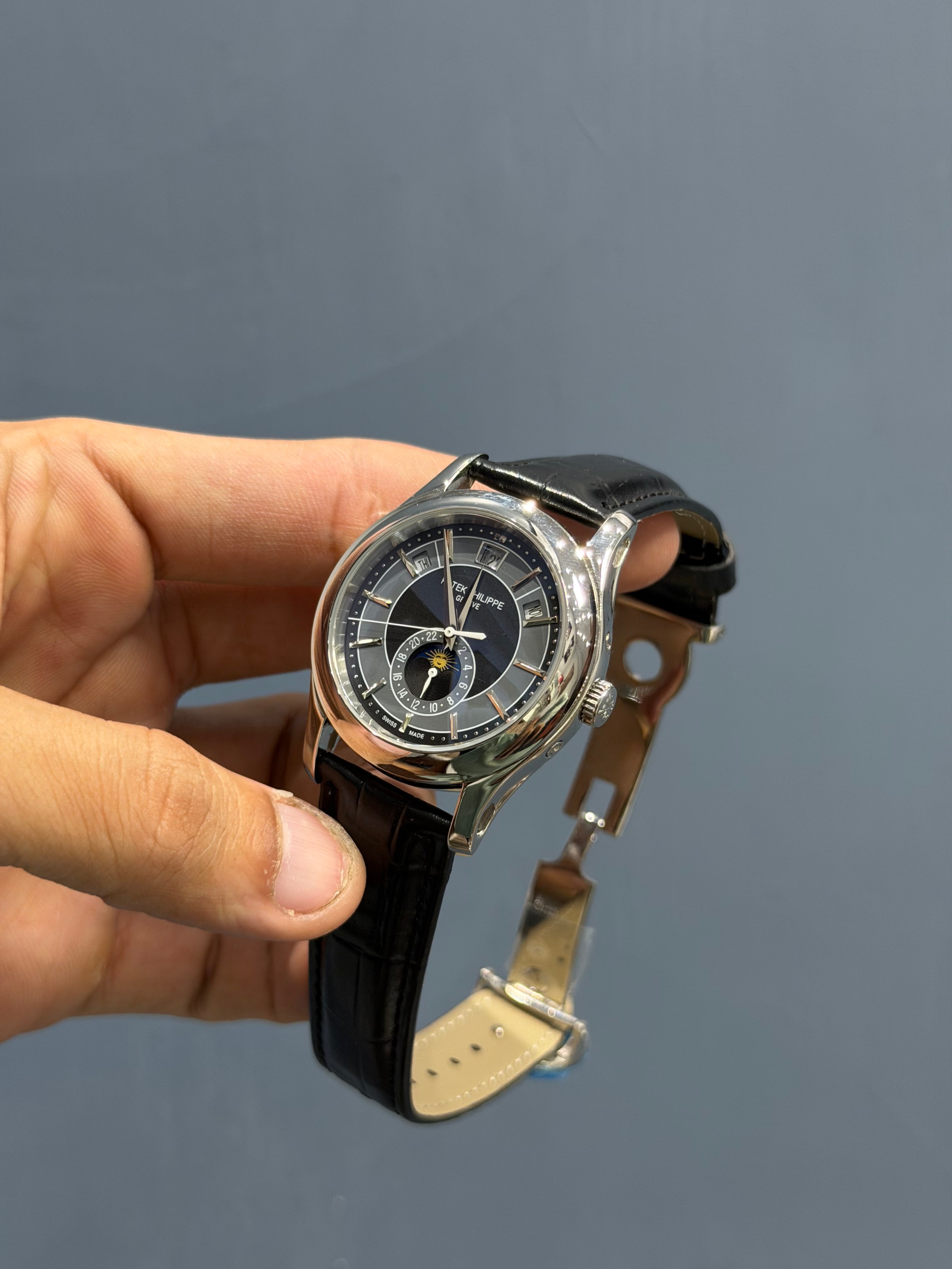 NEW COLLECTION MOON PHASE SILVER CASE WITH BLACK DIAL & LEATHER STRAP