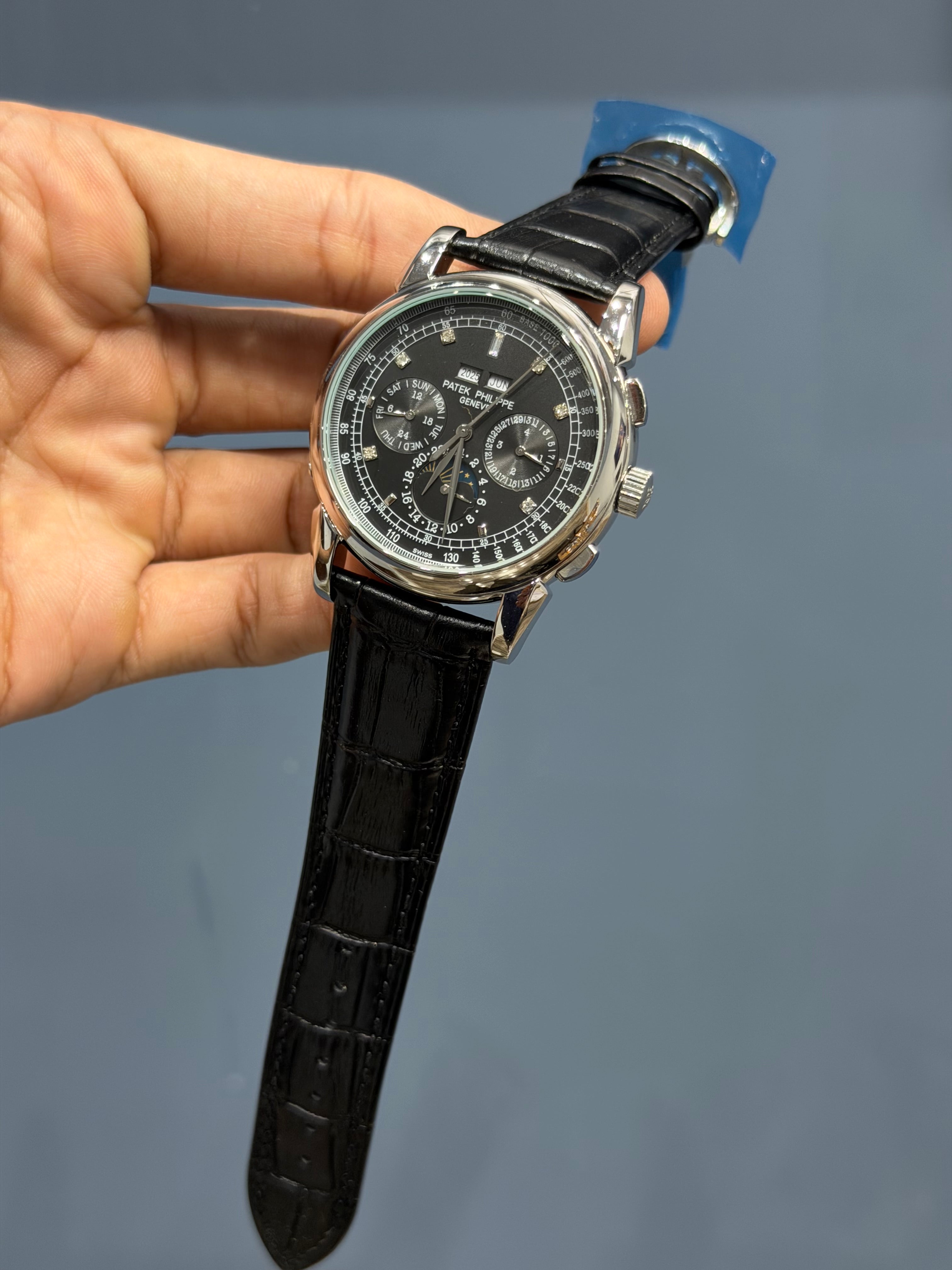 NEW COLLECTION CHRONOGRAPH SILVER CASE WITH STONE BLACK DIAL & LEATHER STRAP