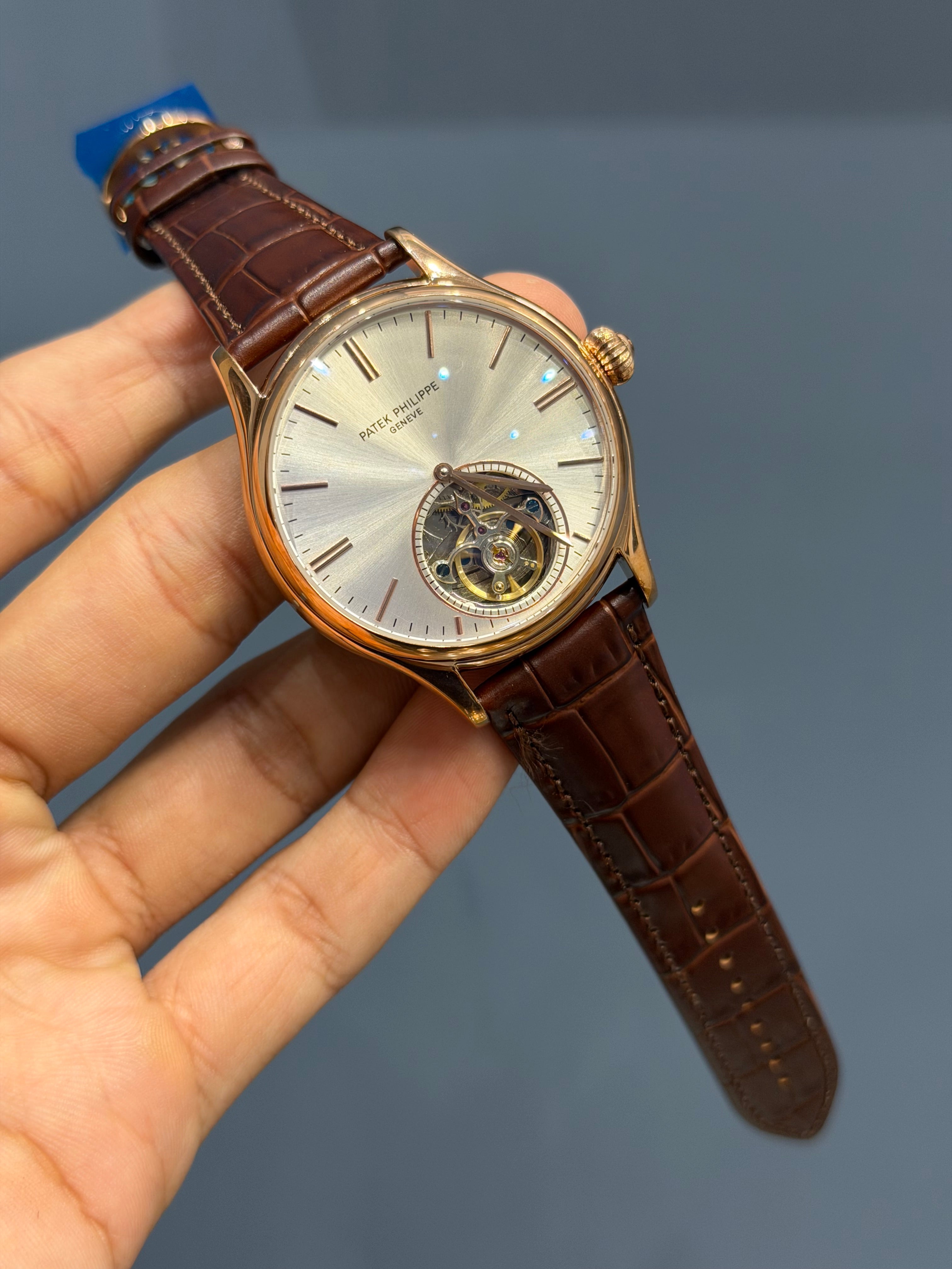 NEW COLLECTION TOURBILLON ROSE CASE WITH WHITE DIAL & BROWN LEATHER STRAP
