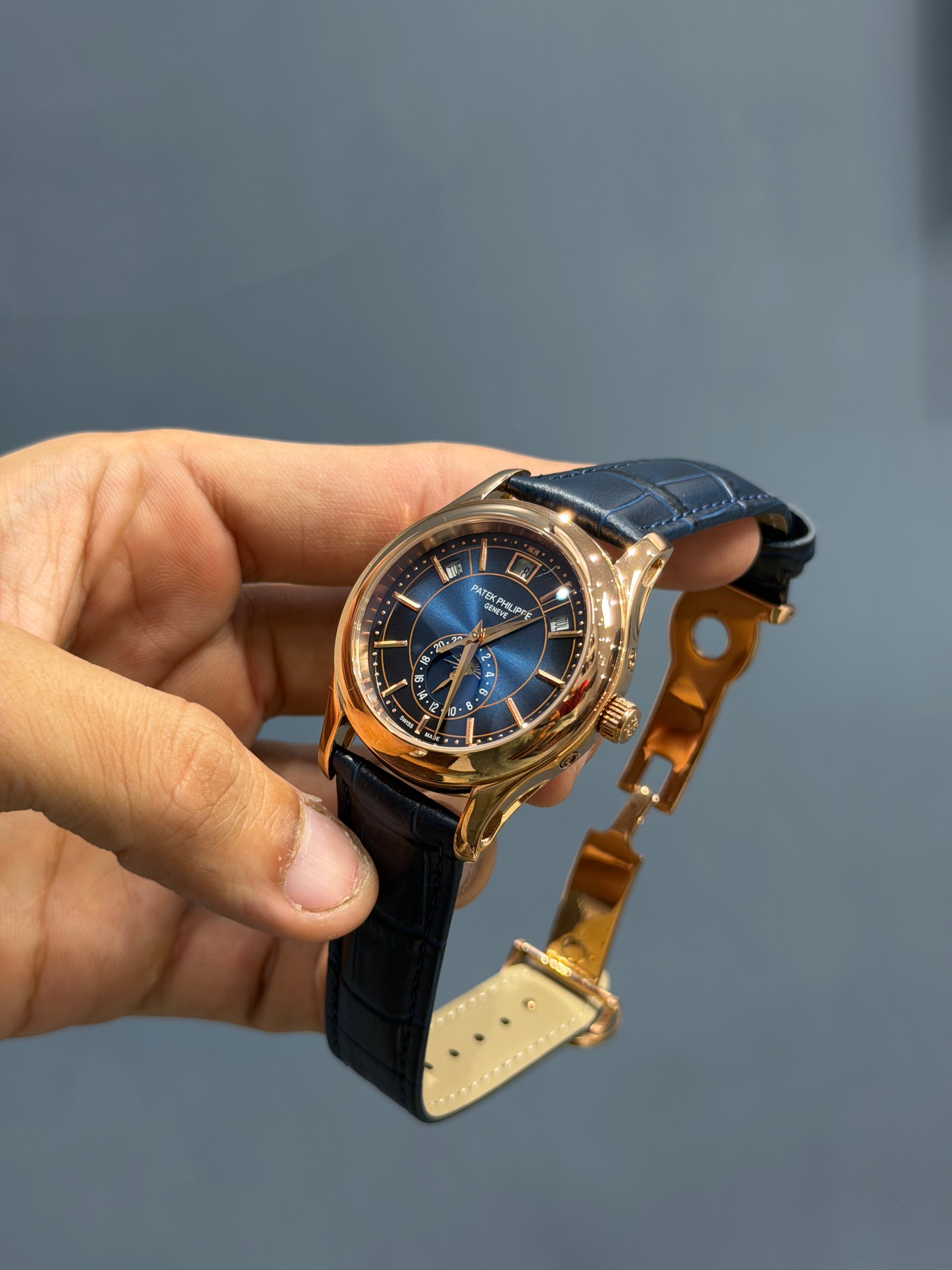 NEW COLLECTION MOON PHASE ROSE GOLD CASE WITH BLUE DIAL & BLUE LEATHER STRAP