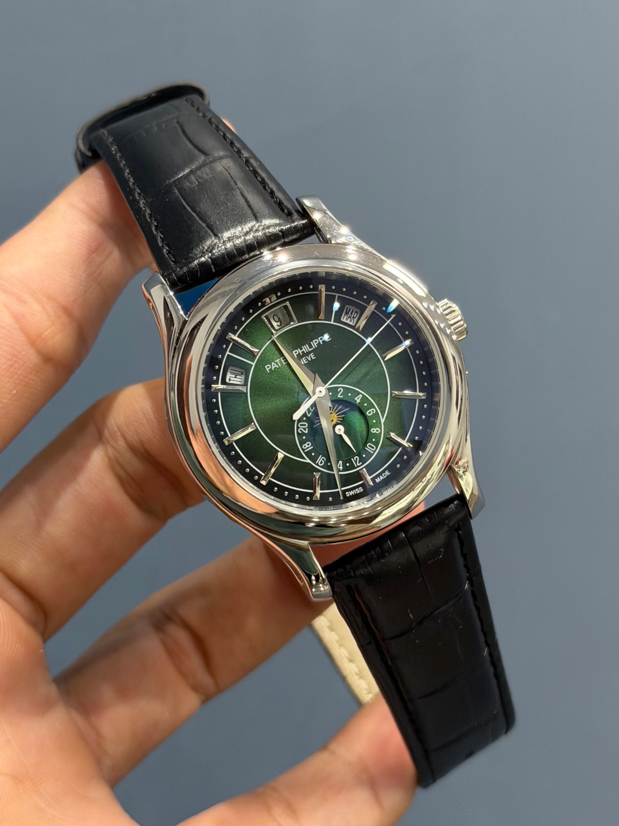 NEW COLLECTION MOON PHASE SILVER CASE WITH GREEN DIAL & LEATHER STRAP