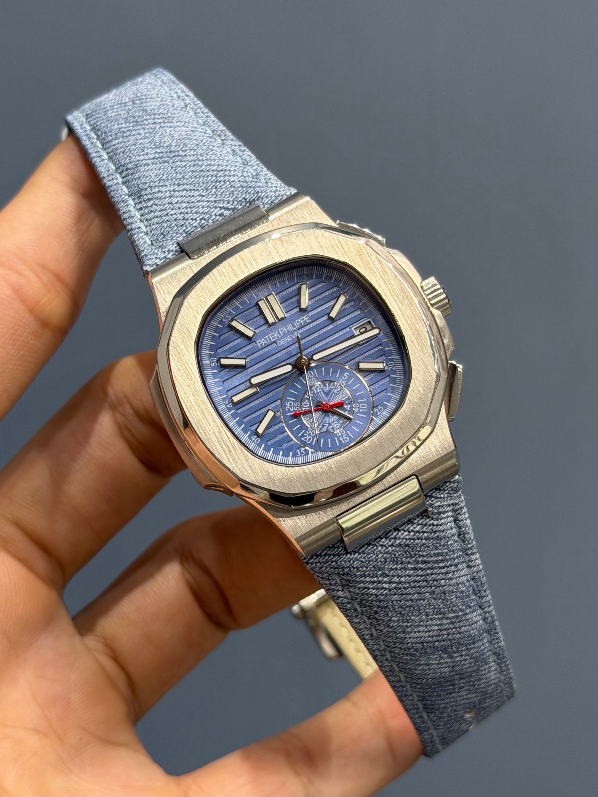 NEW COLLECTION DOWN SECOND SILVER WITH SKY DIAL DENIM STRAP AUTOMATIC WATCH