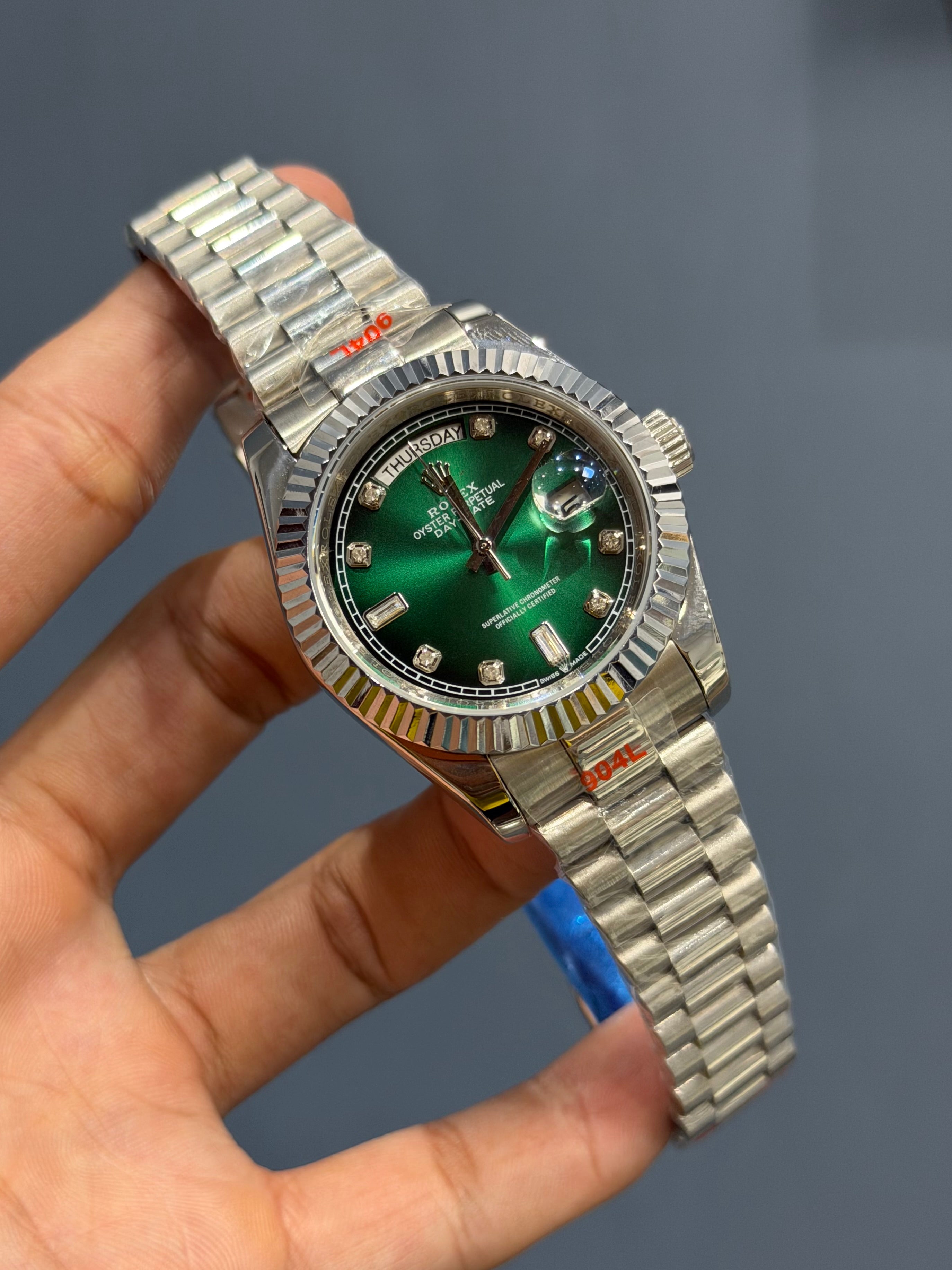 NEW COLLECTION 40 SILVER WITH GREEN DIAL STONE NUMERAL & FLUTED BEZEL ZR FACTORY