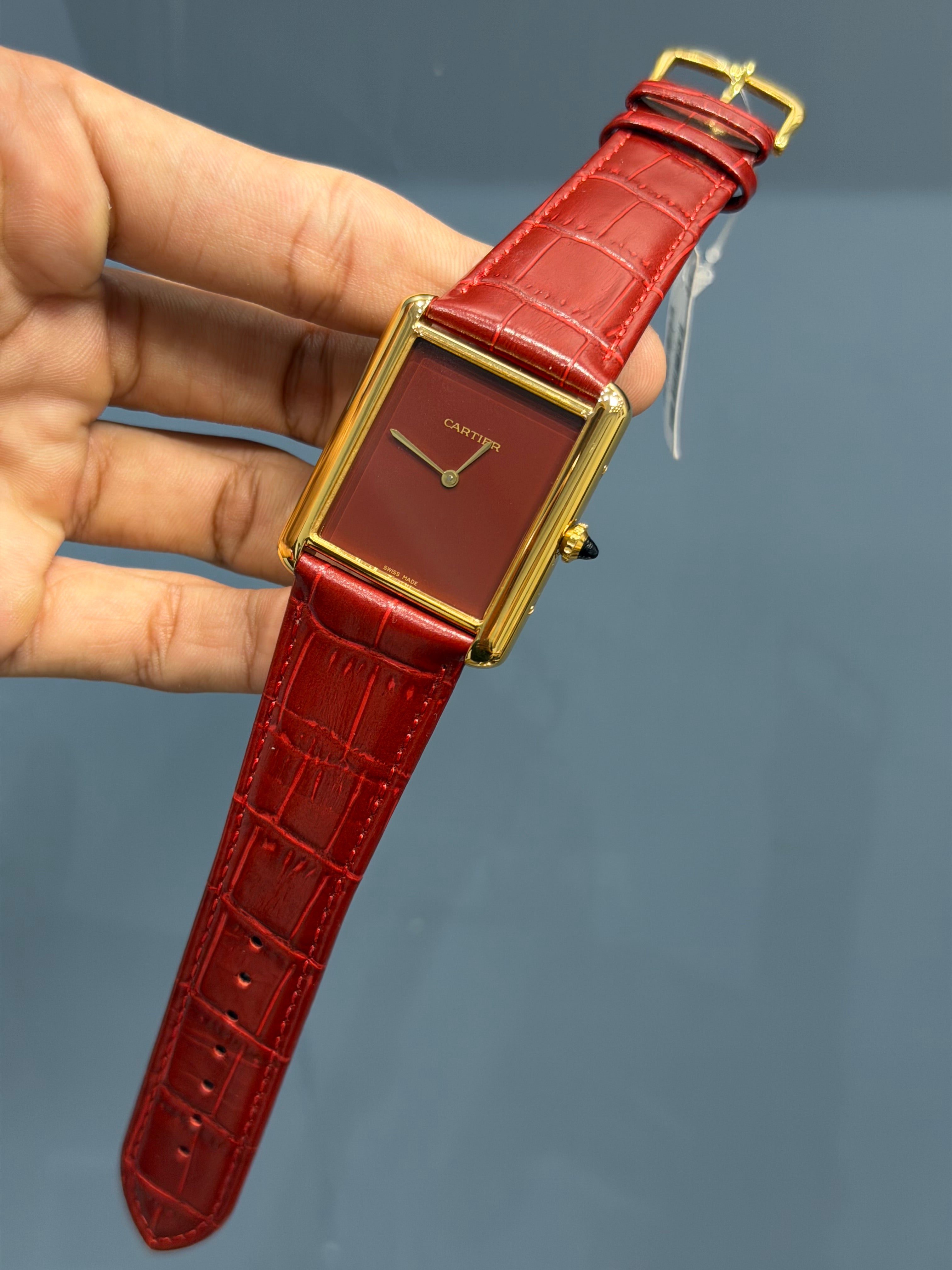 NEW COLLECTION YELLOW GOLD CASE WITH MAROON DIAL & LEATHER STRAP WATCH