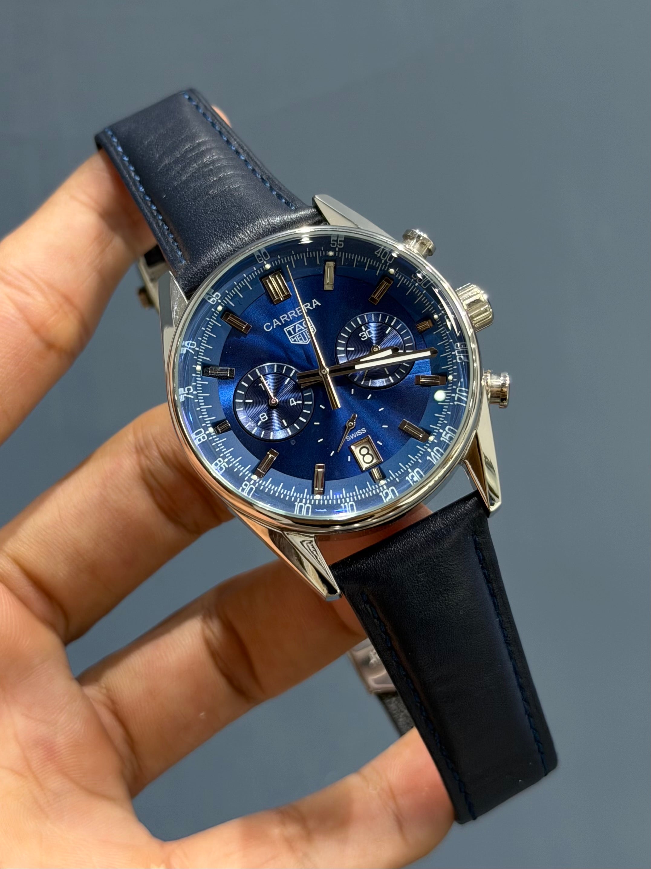 NEW COLLECTION CALIBRE CHRONOGRAPH SILVER WITH BLUE DIAL BLUE LEATHER STRAP