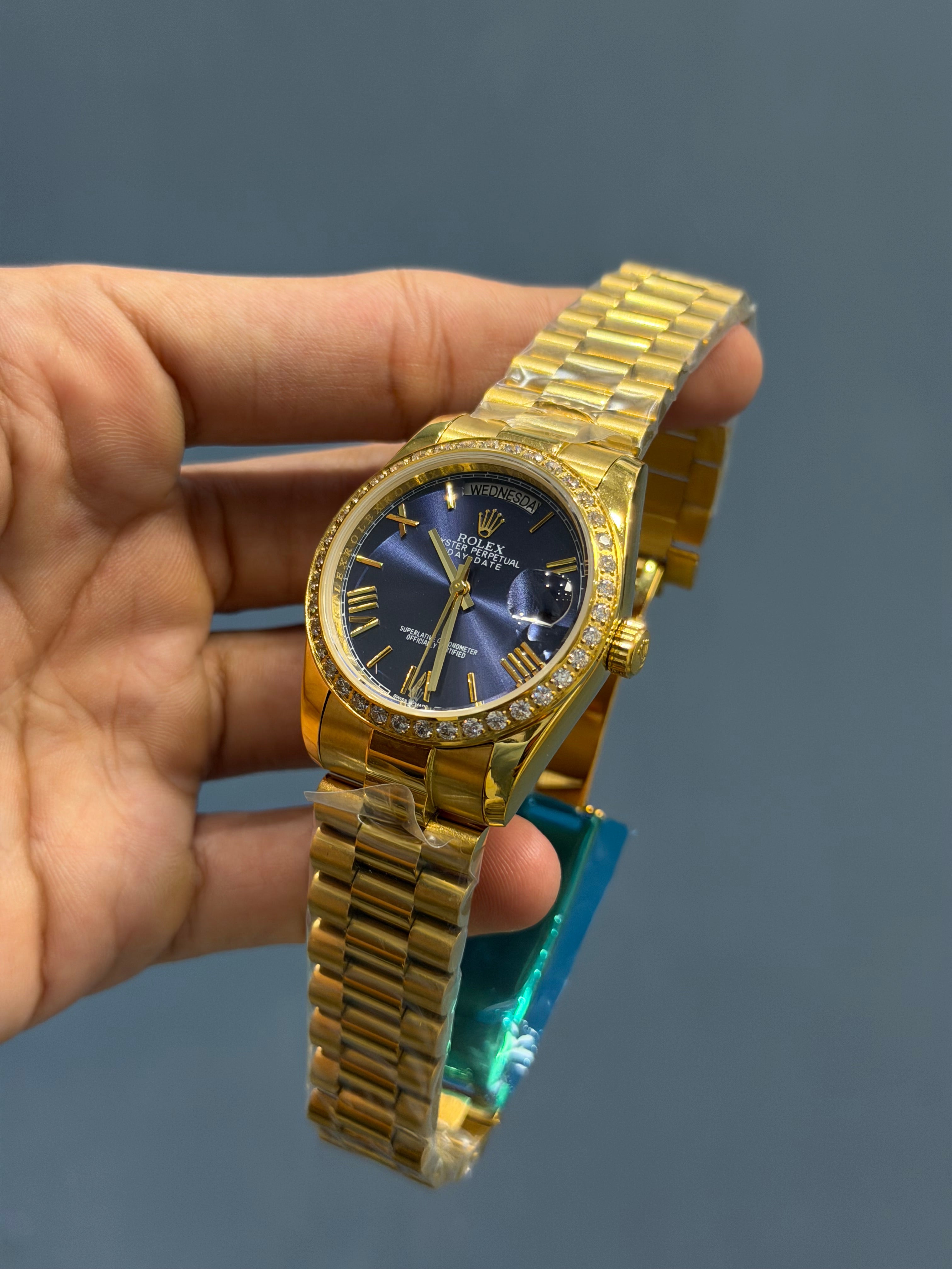 NEW COLLECTION 36 GOLD WITH BLUE DIAL STONE BEZEL AUTOMATIC WATCH YZ FACTORY