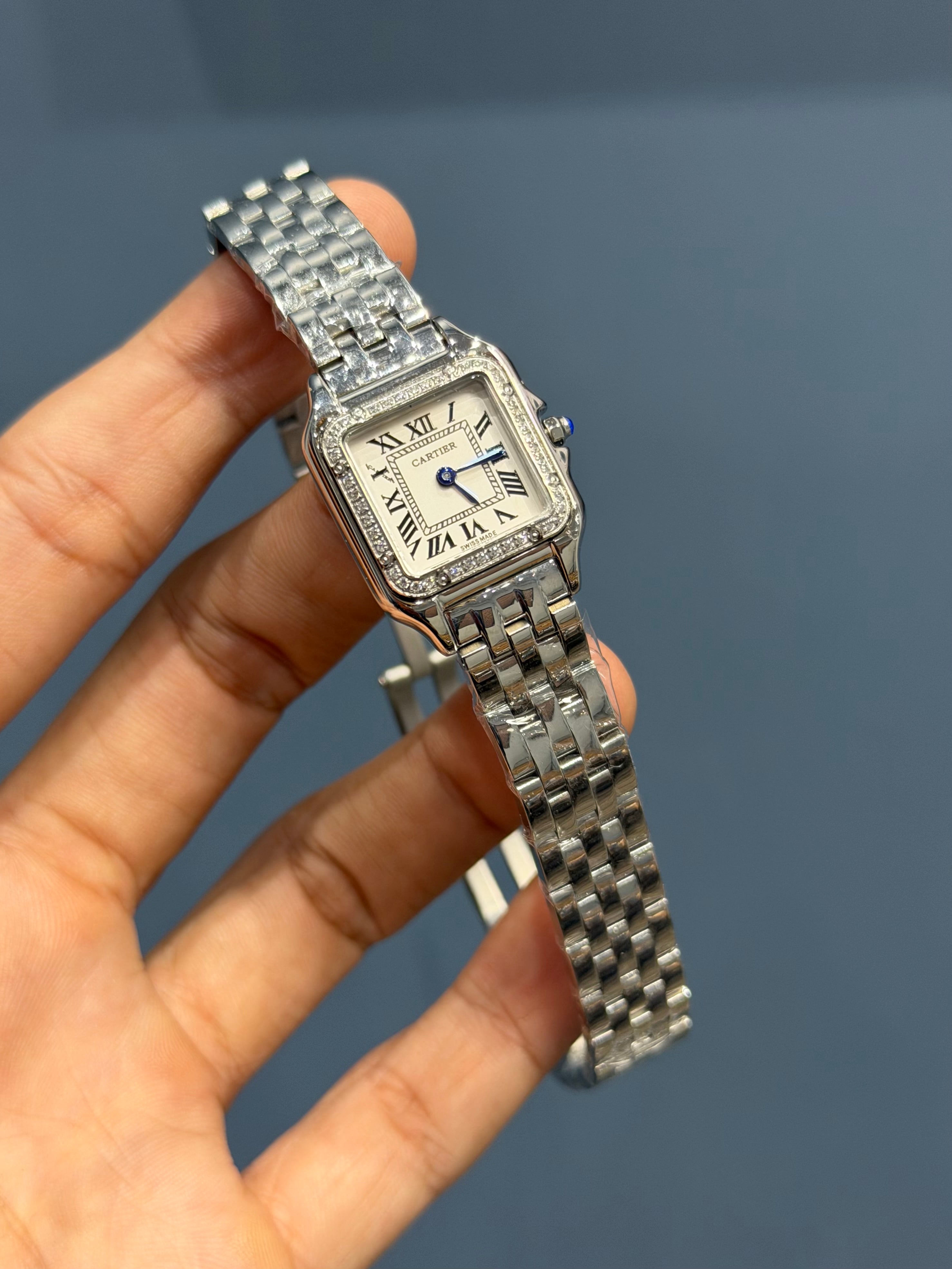 NEW COLLECTION SILVER CASE WITH WHITE DIAL STONE BEZEL LADIES WATCH