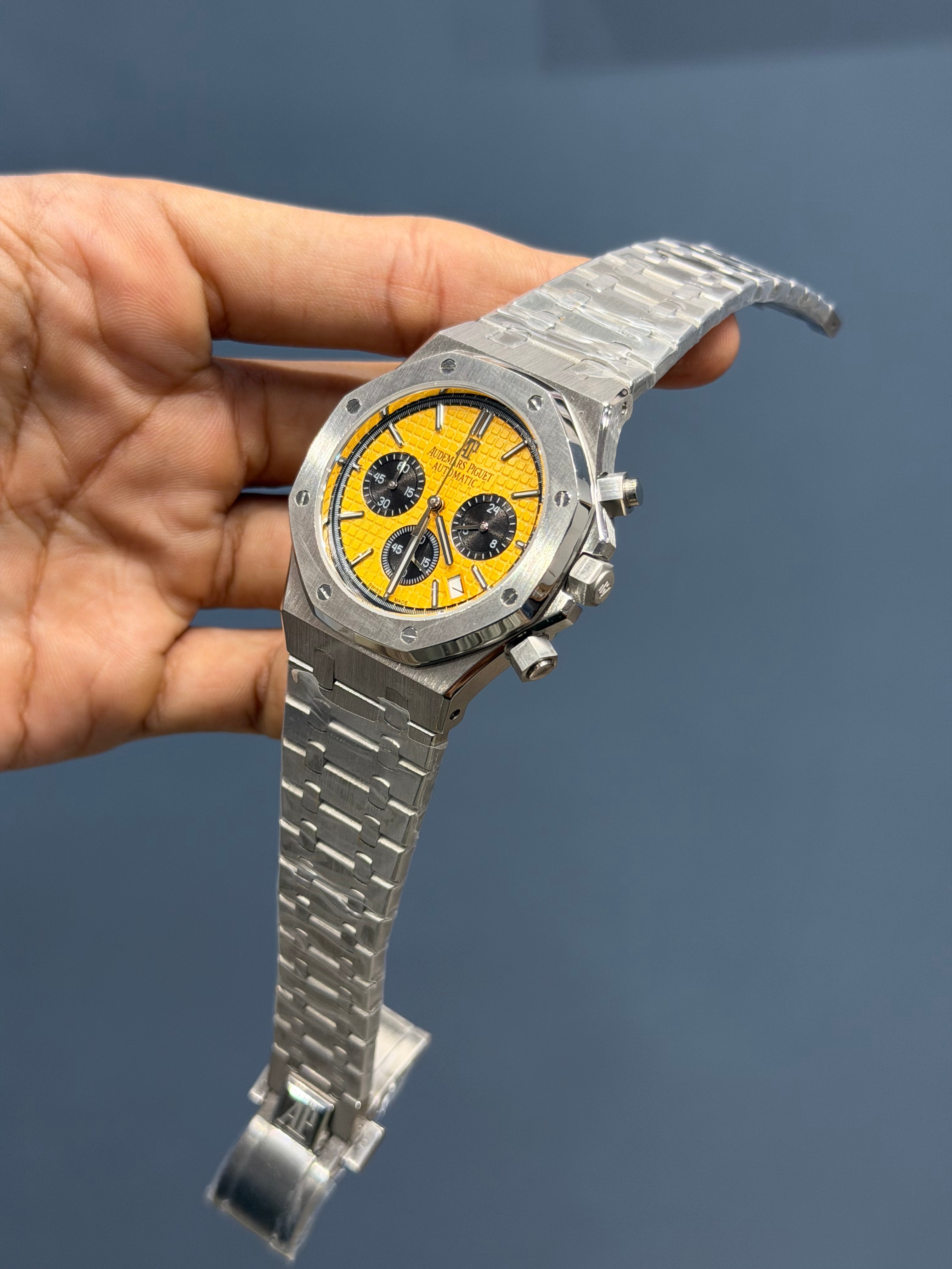 NEW COLLECTION CHRONOGRAPH SILVER WITH YELLOW DIAL CHAIN WATCH