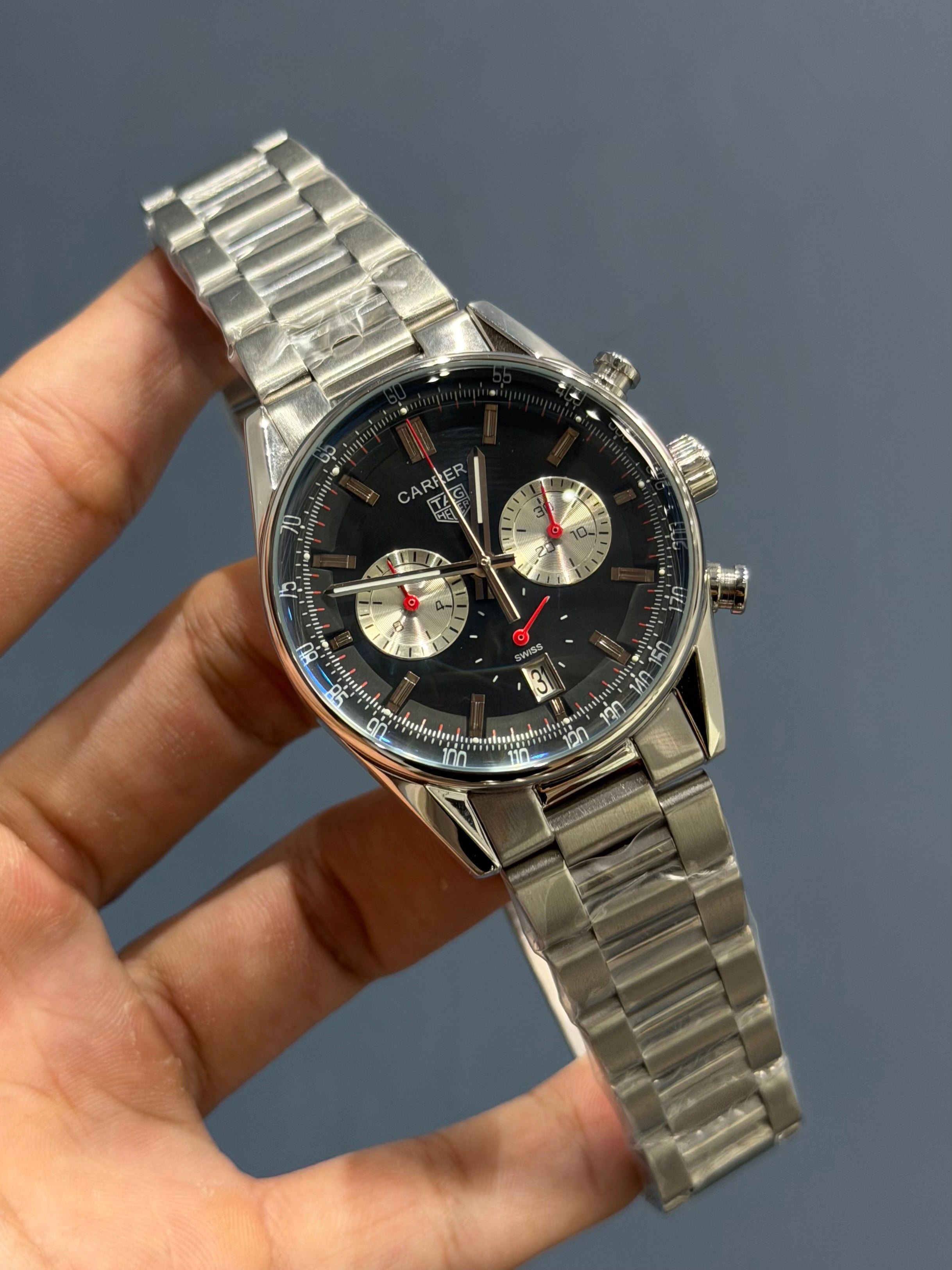 NEW COLLECTION CHRONOGRAPH SILVER CASE WITH BLACK DIAL AND CHAIN WATCH