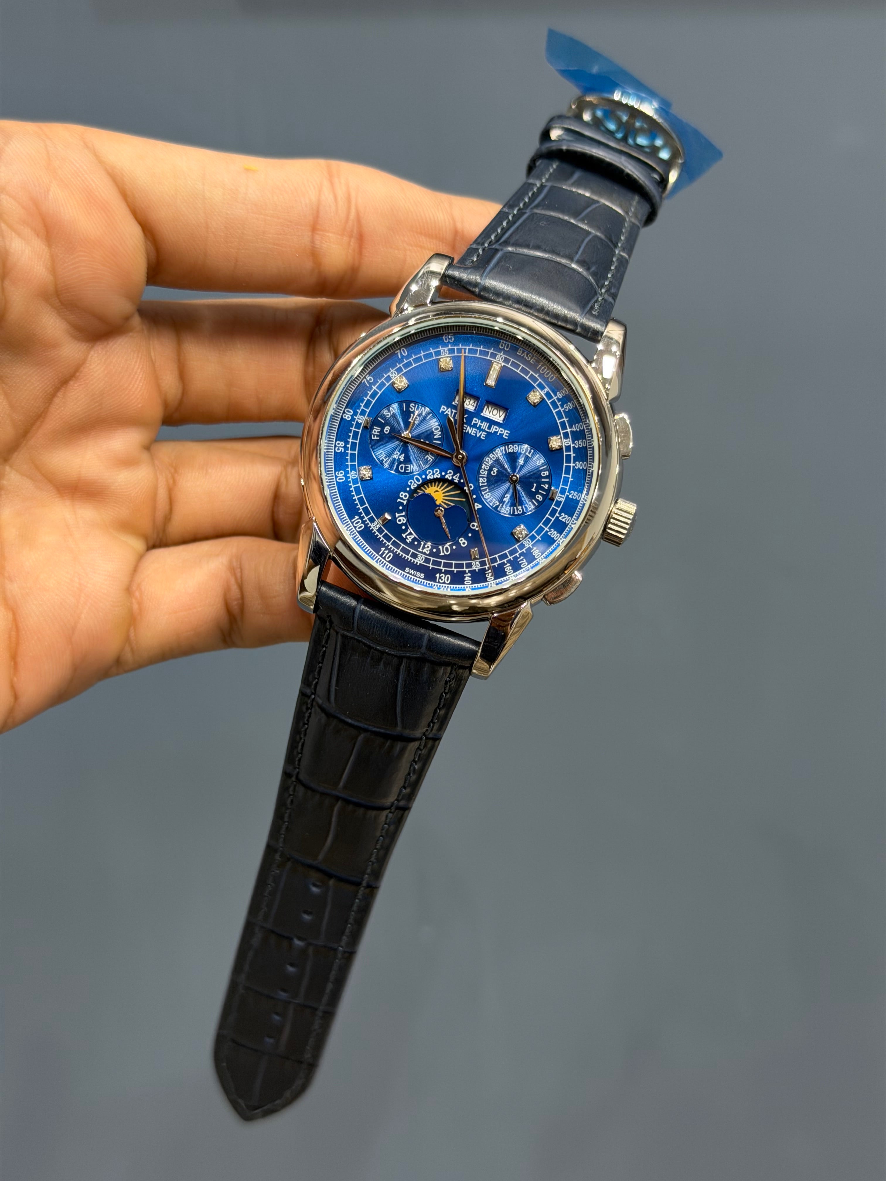 NEW COLLECTION CHRONOGRAPH SILVER CASE WITH STONE BLUE DIAL & LEATHER STRAP