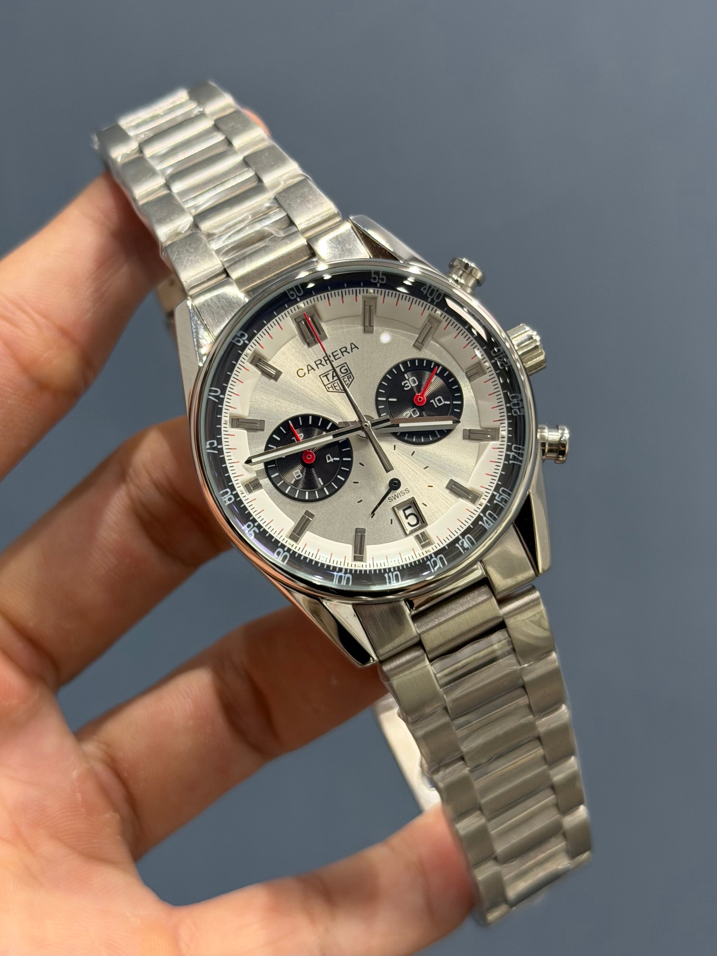 NEW COLLECTION CHRONOGRAPH SILVER CASE WITH WHITE DIAL AND CHAIN WATCH