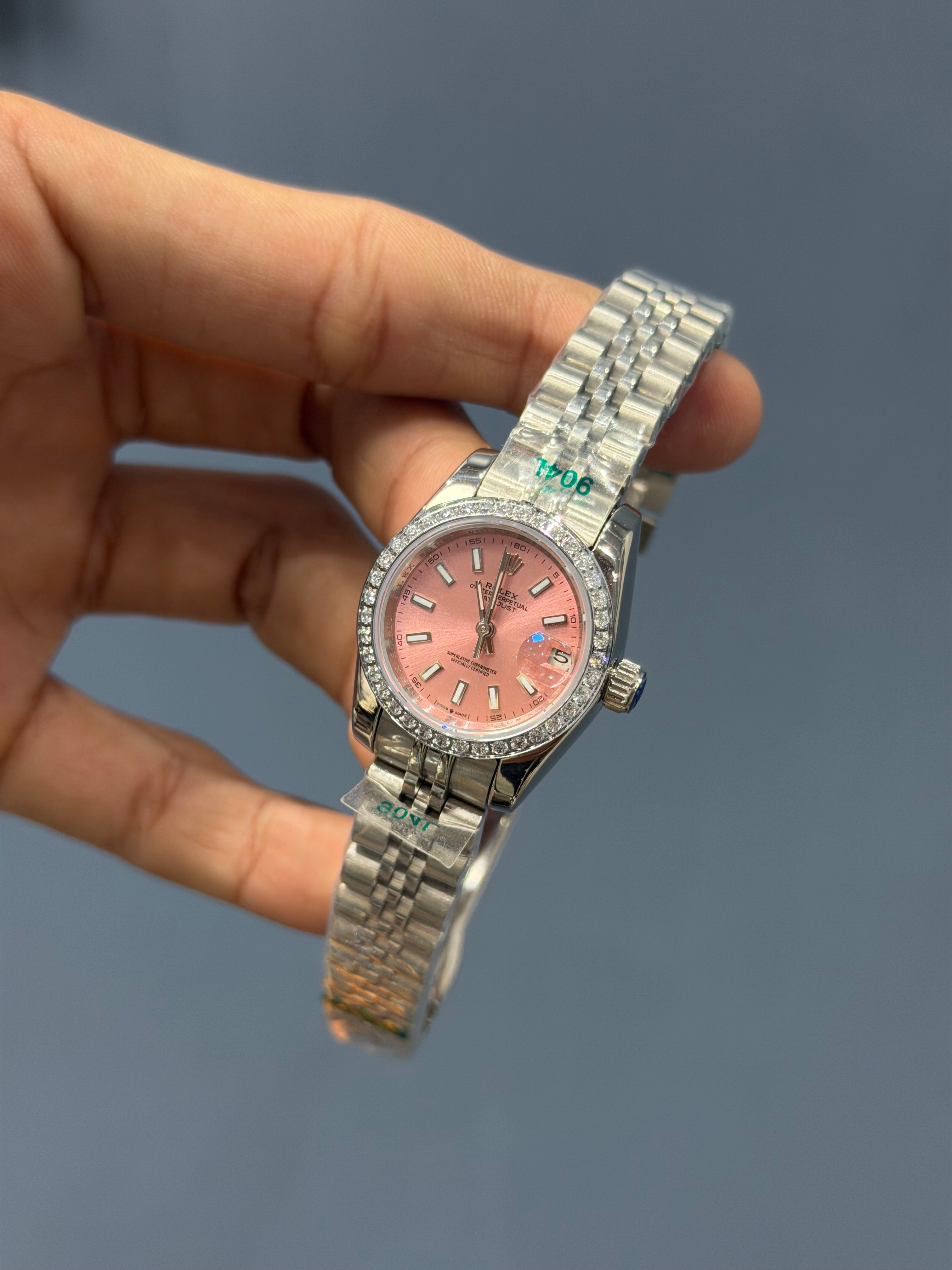 NEW COLLECTION 31 SILVER CHAIN WITH PINKISH DIAL STONE BEZEL AUTOMATIC WATCH FACTORY