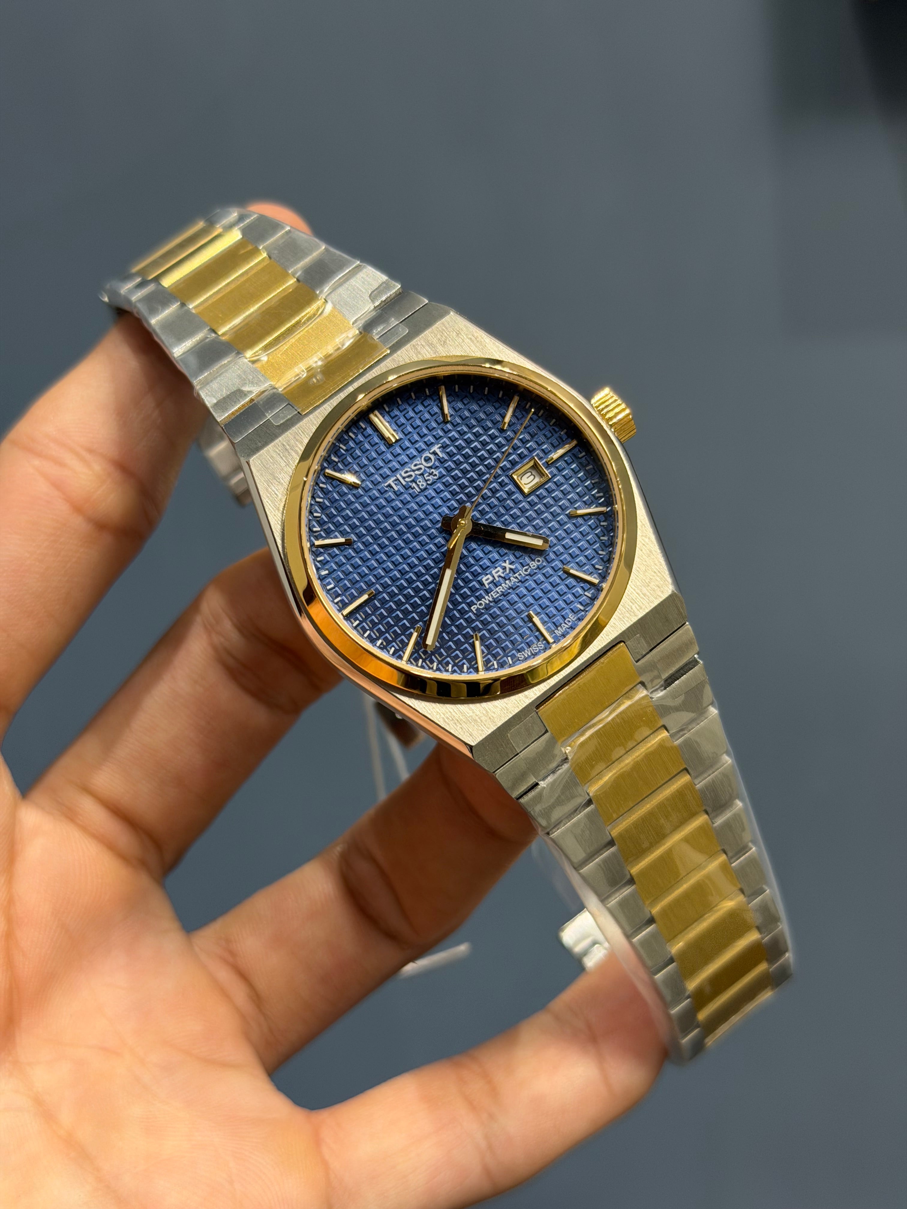 NEW COLLECTION TWOTONE GOLD & BLUE TEXTURED DIAL STAINLESS STEEL QUARTZ WATCH