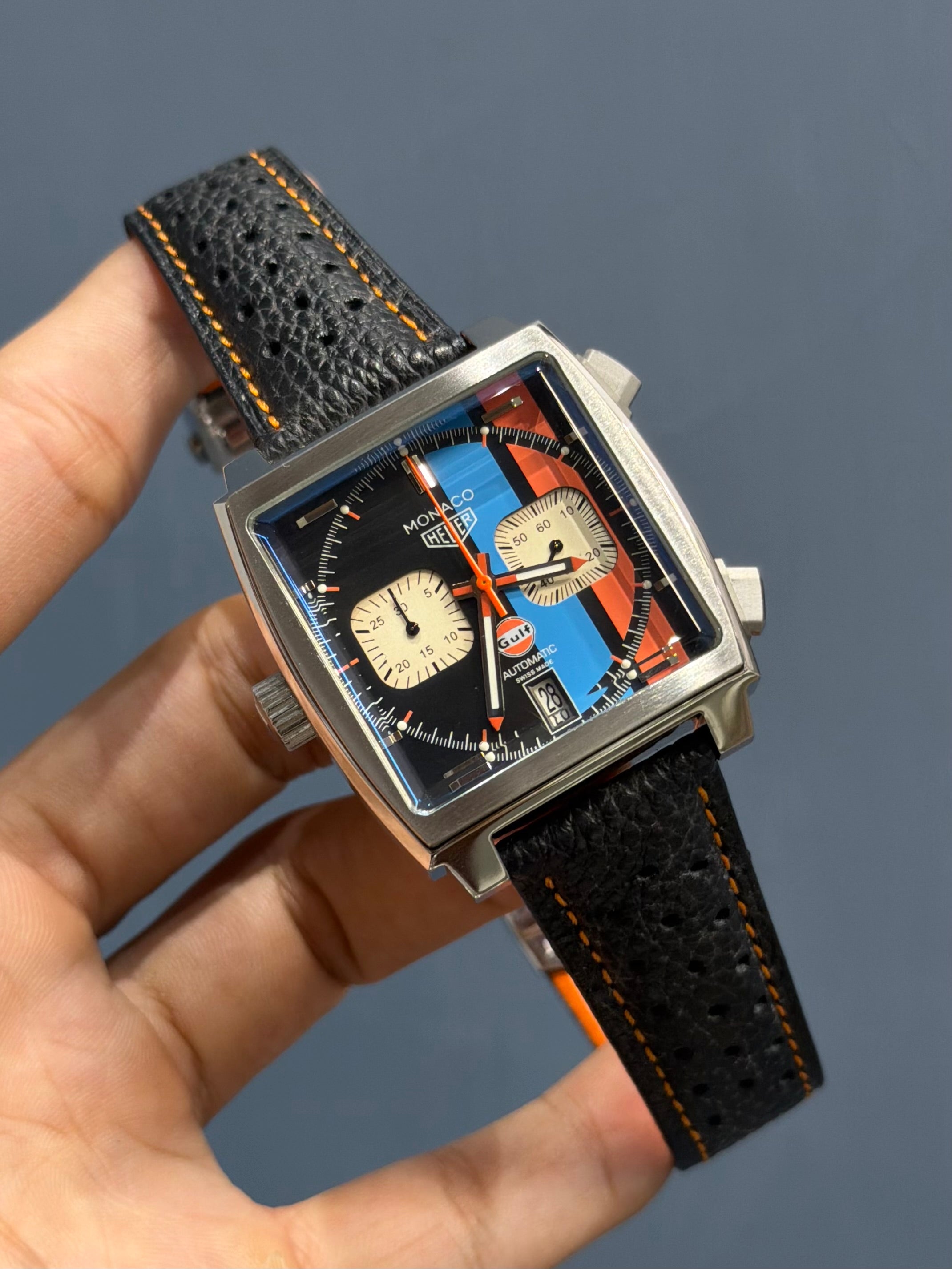 NEW COLLECTION CHRONOGRAPH SILVER CASE WITH GOLF DIAL & BLACK LEATHER STRAP
