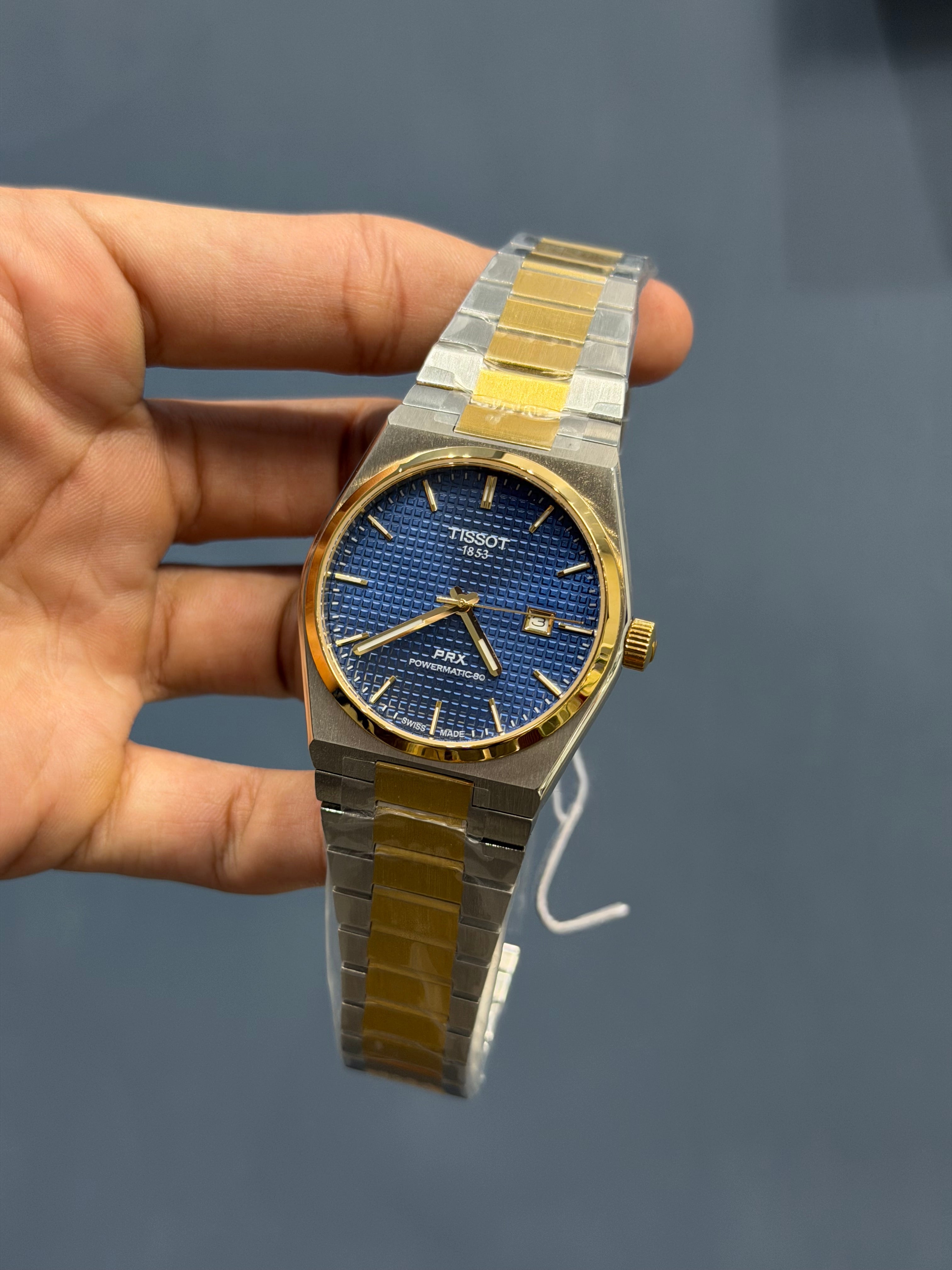 NEW COLLECTION TWOTONE GOLD & BLUE TEXTURED DIAL STAINLESS STEEL QUARTZ WATCH