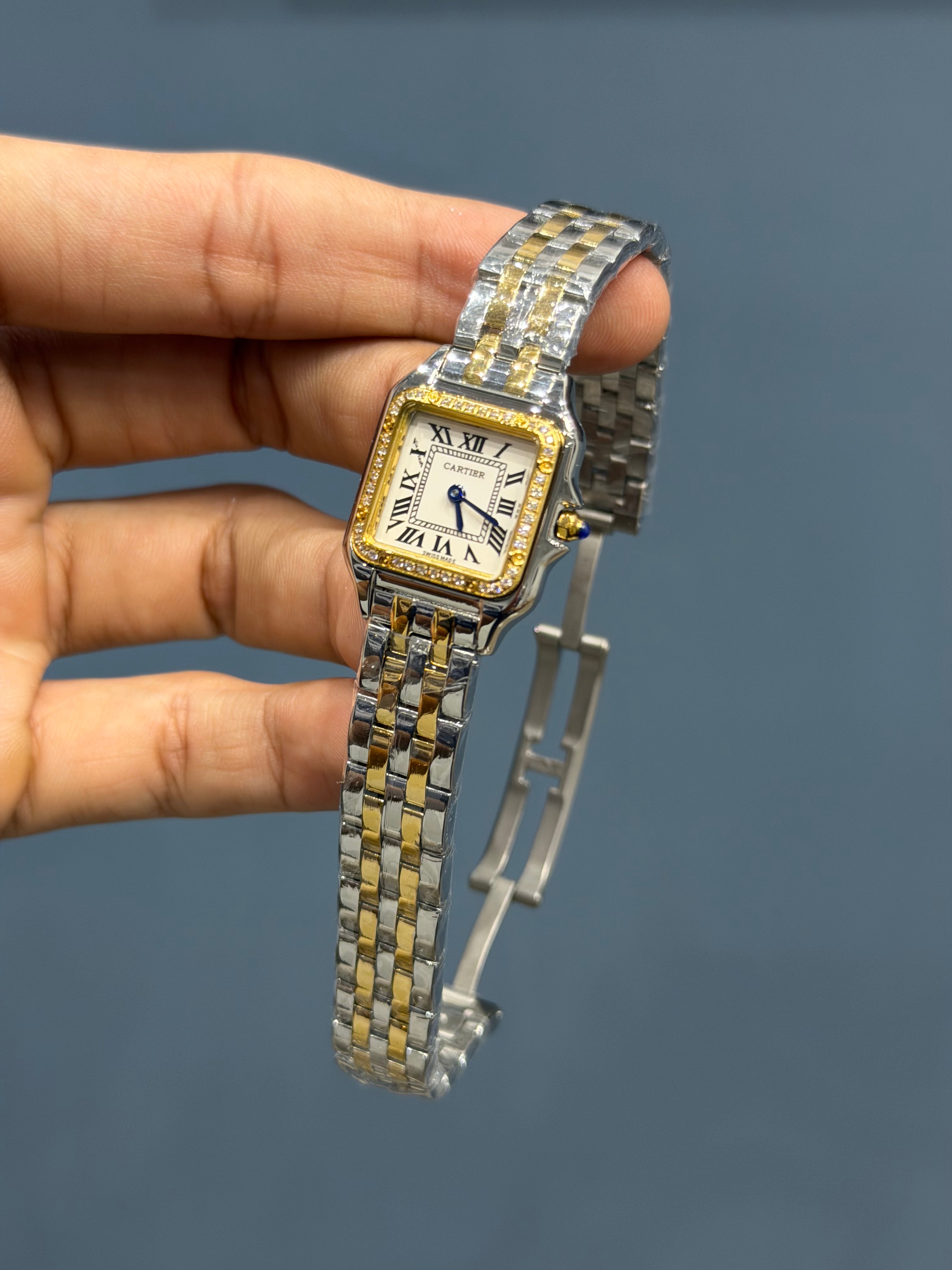 NEW COLLECTION YELLOW GOLD TWOTONE WITH WHITE DIAL STONE BEZEL LADIES WATCH