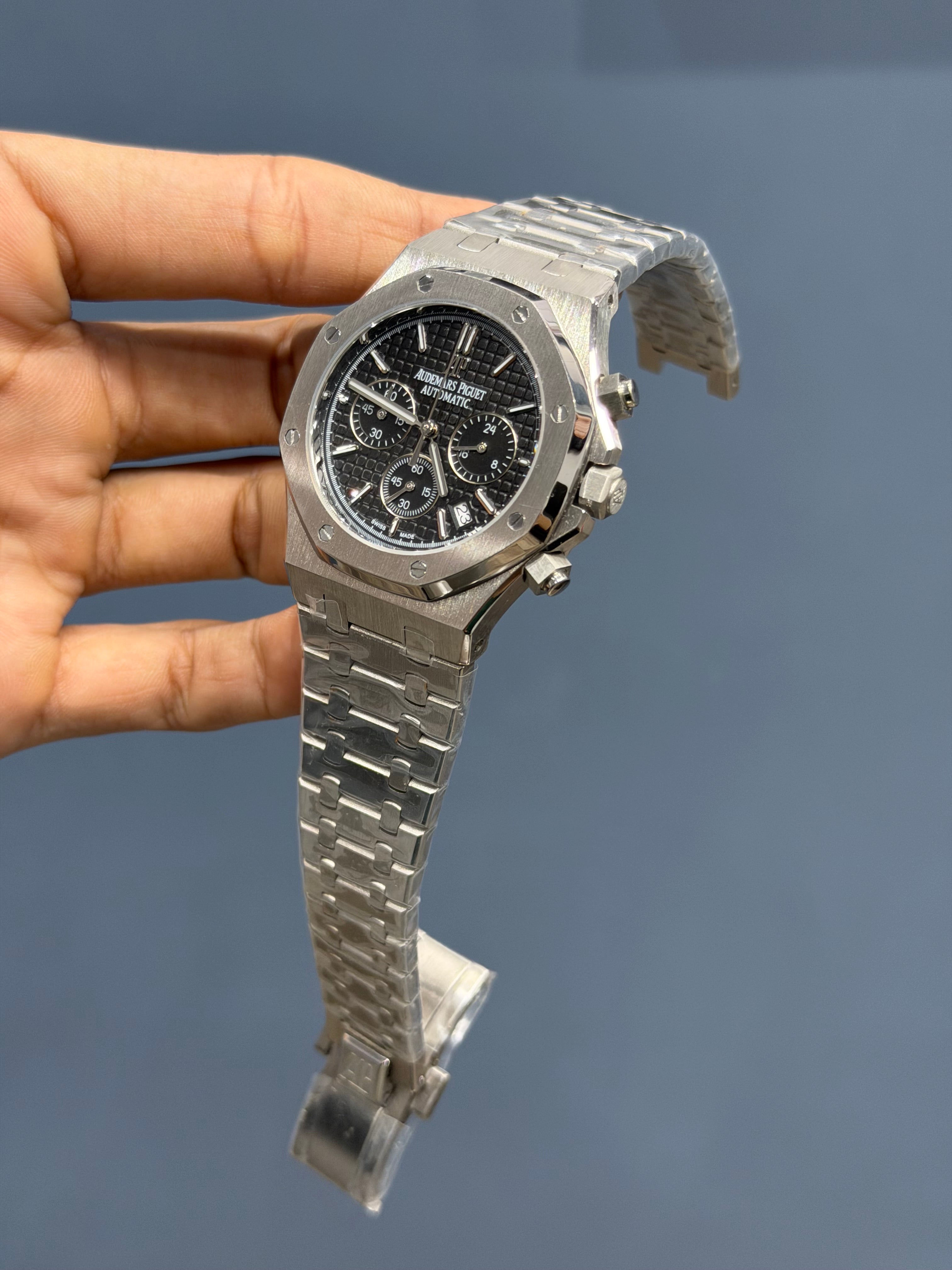 NEW COLLECTION CHRONOGRAPH SILVER WITH BLACK DIAL CHAIN WATCH