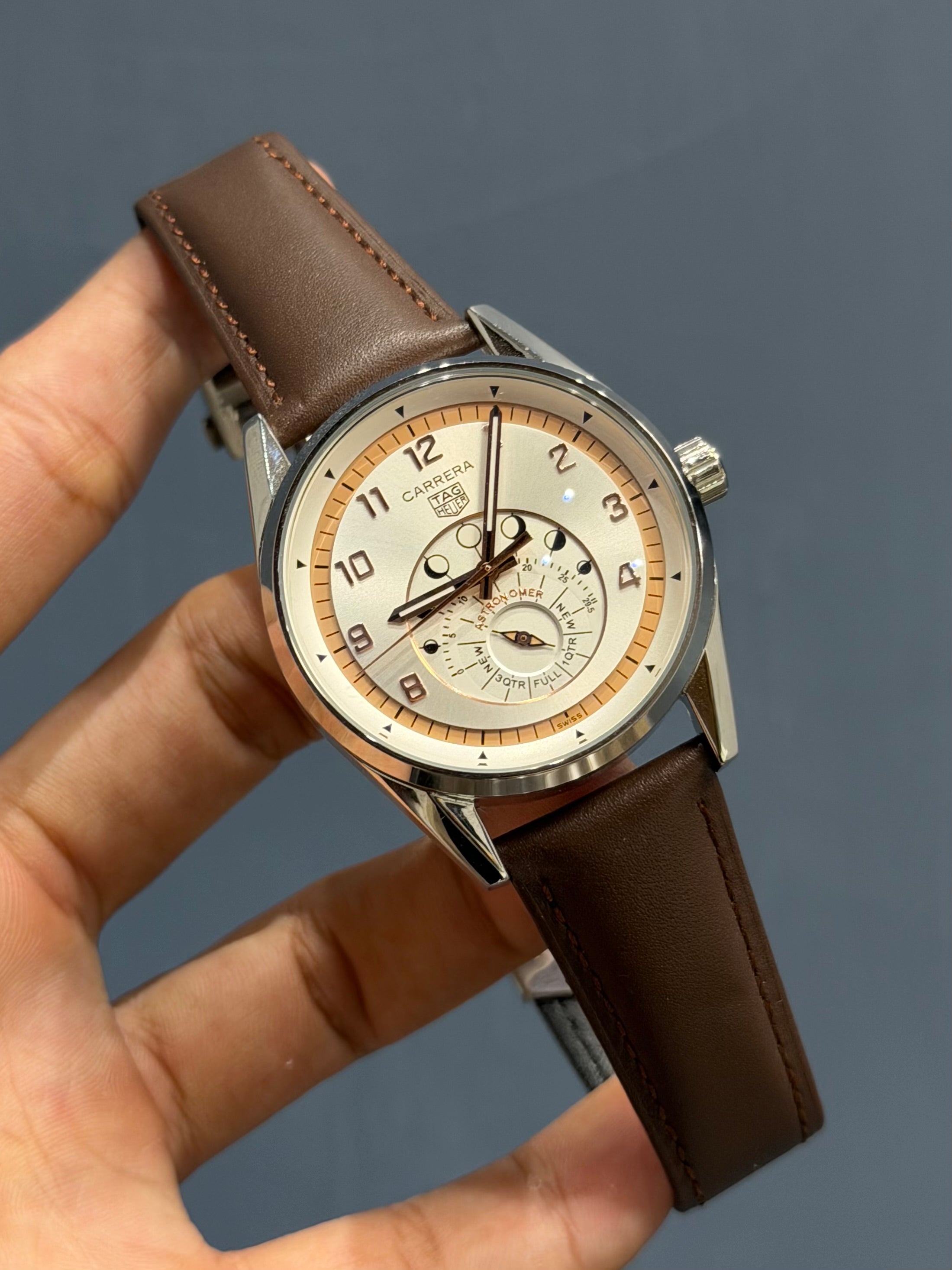 NEW COLLECTION ASTRONOMER SILVER CASE WITH WHITE DIAL & BROWN LEATHER WATCH