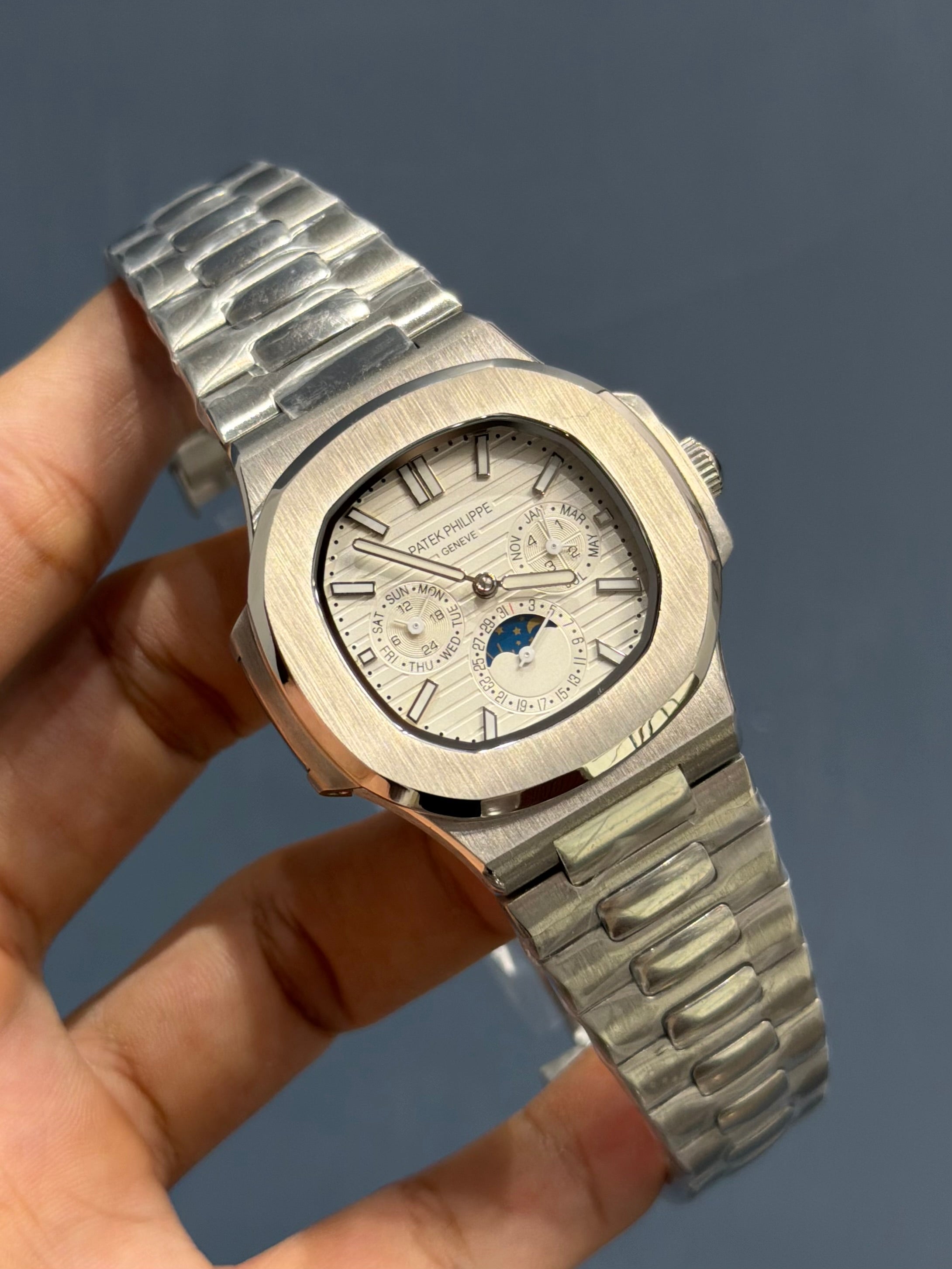 NEW COLLECTION MOON PHASE CHRONOGRAPH SILVER CASE WITH WHITE DIAL AUTOMATIC WATCH