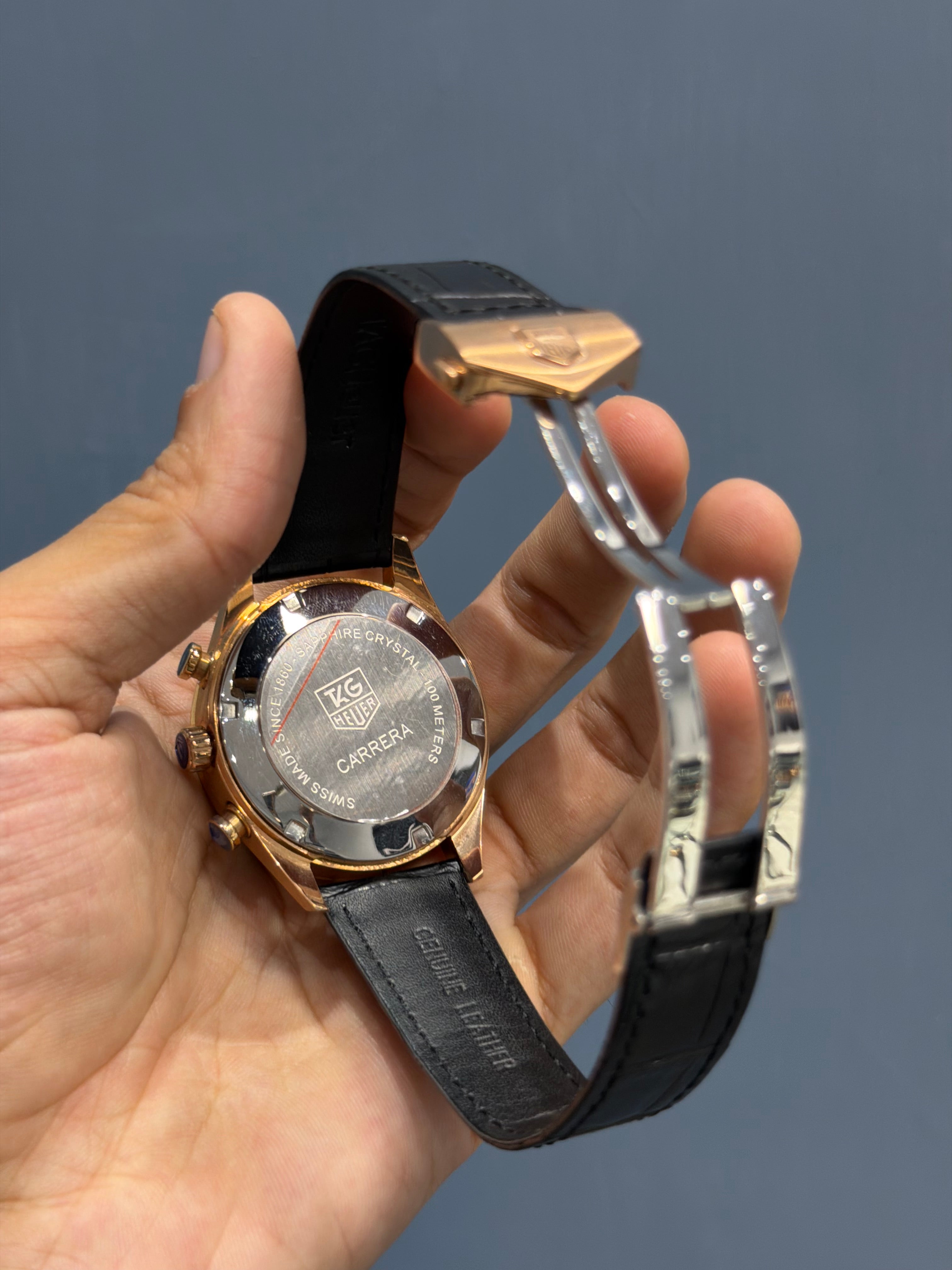 NEW COLLECTION CHRONOGRAPH ROSE CASE WITH WHITE DIAL & BEZEL WITH LEATHER STRAP