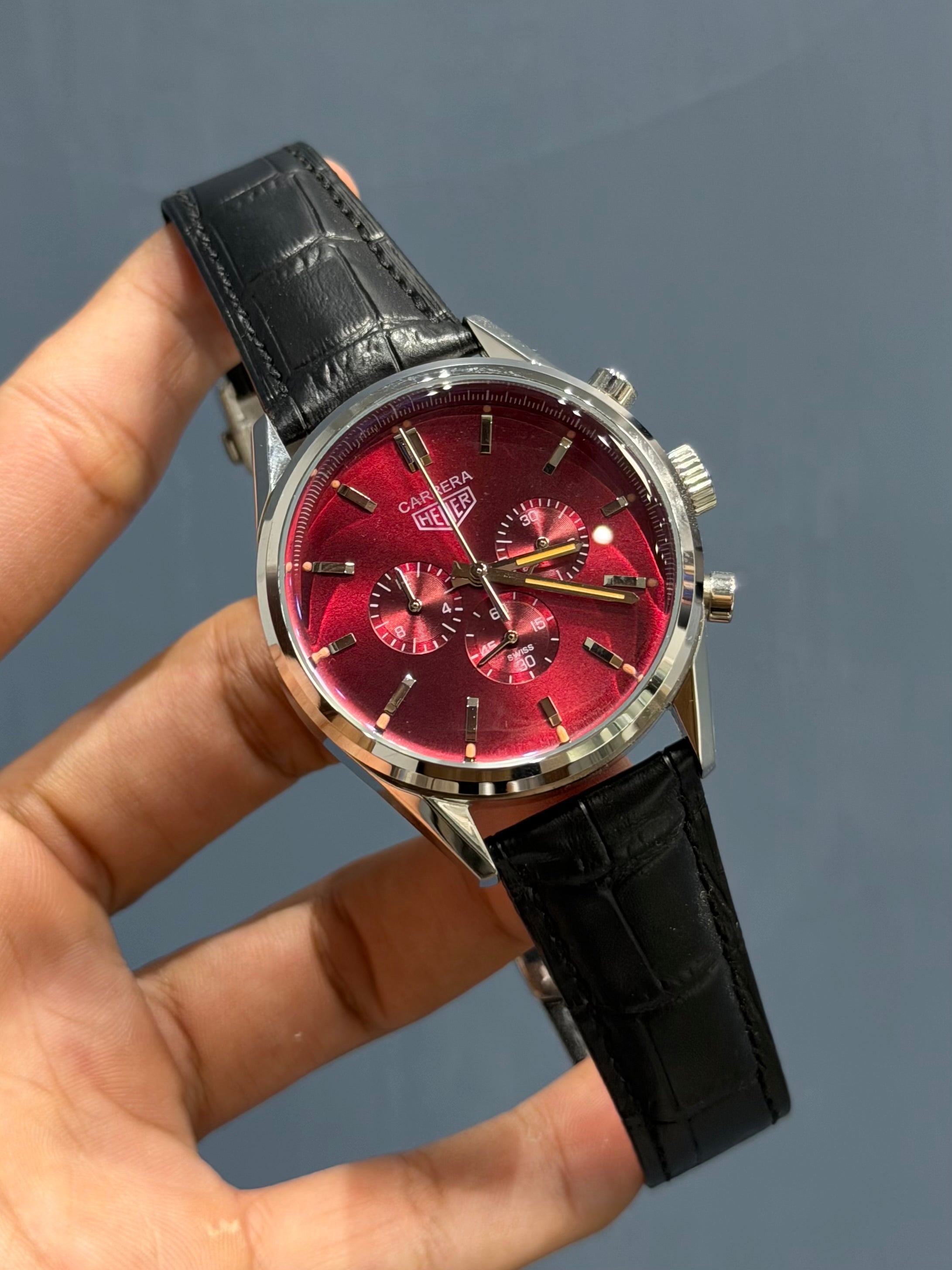NEW COLLECTION CHRONOGRAPH SILVER WITH CHERRY DIAL BLACK LEATHER WATCH FOR MEN