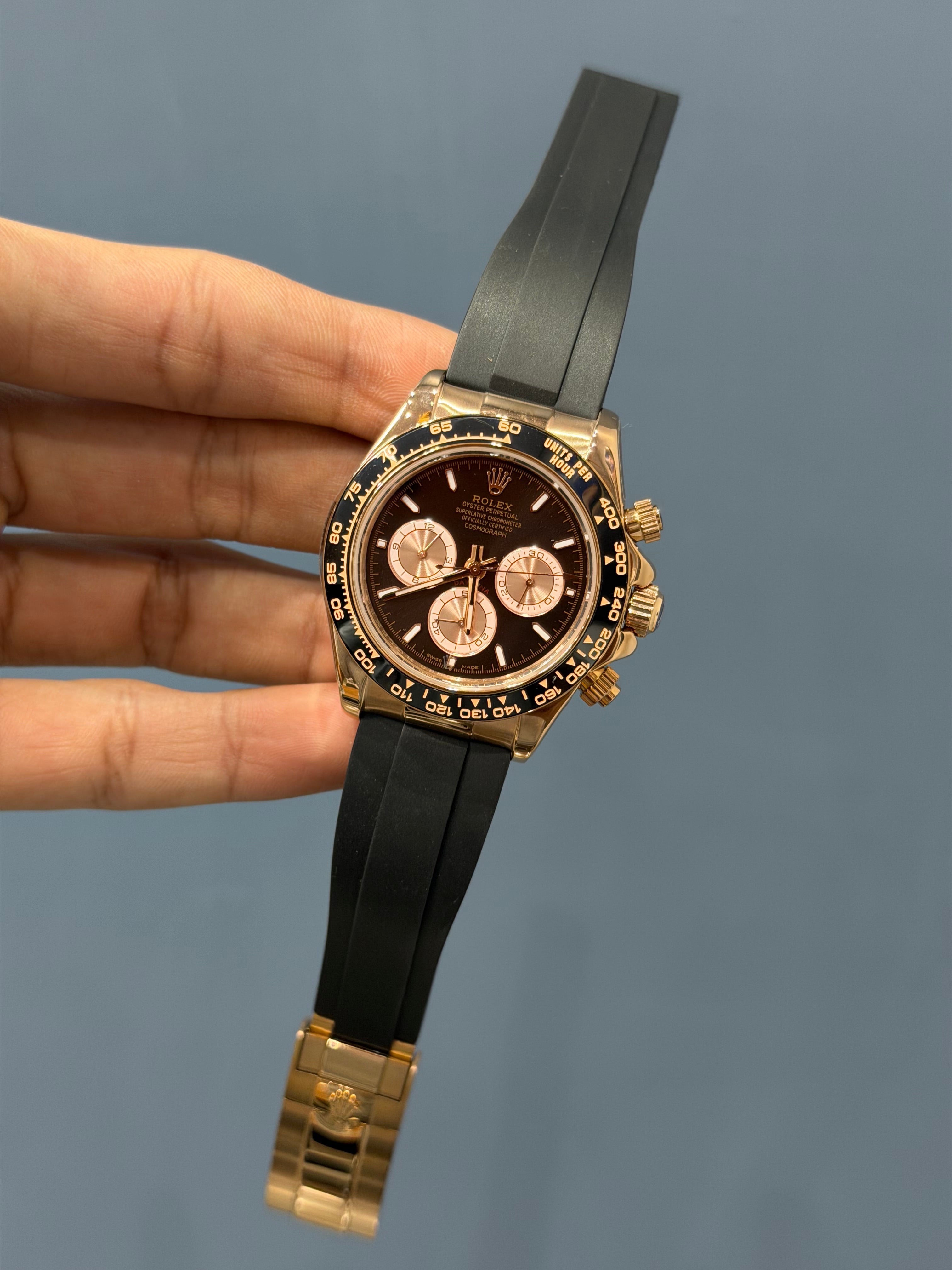NEW COLLECTION CHRONOGRAPH 40 ROSE GOLD CASE WITH BLACK DIAL & RUBBER STRAP