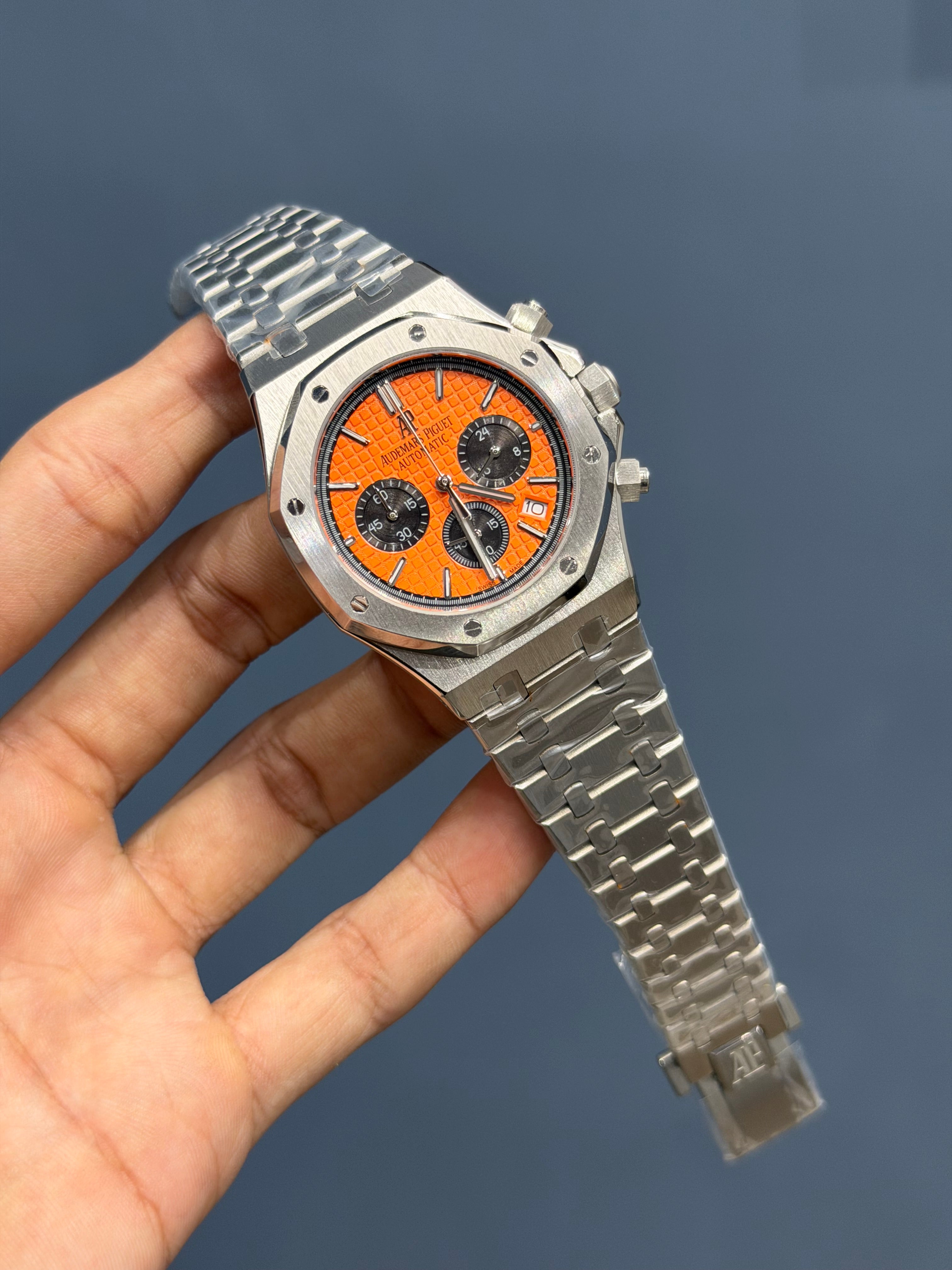 NEW COLLECTION CHRONOGRAPH SILVER WITH ORANGE DIAL CHAIN WATCH