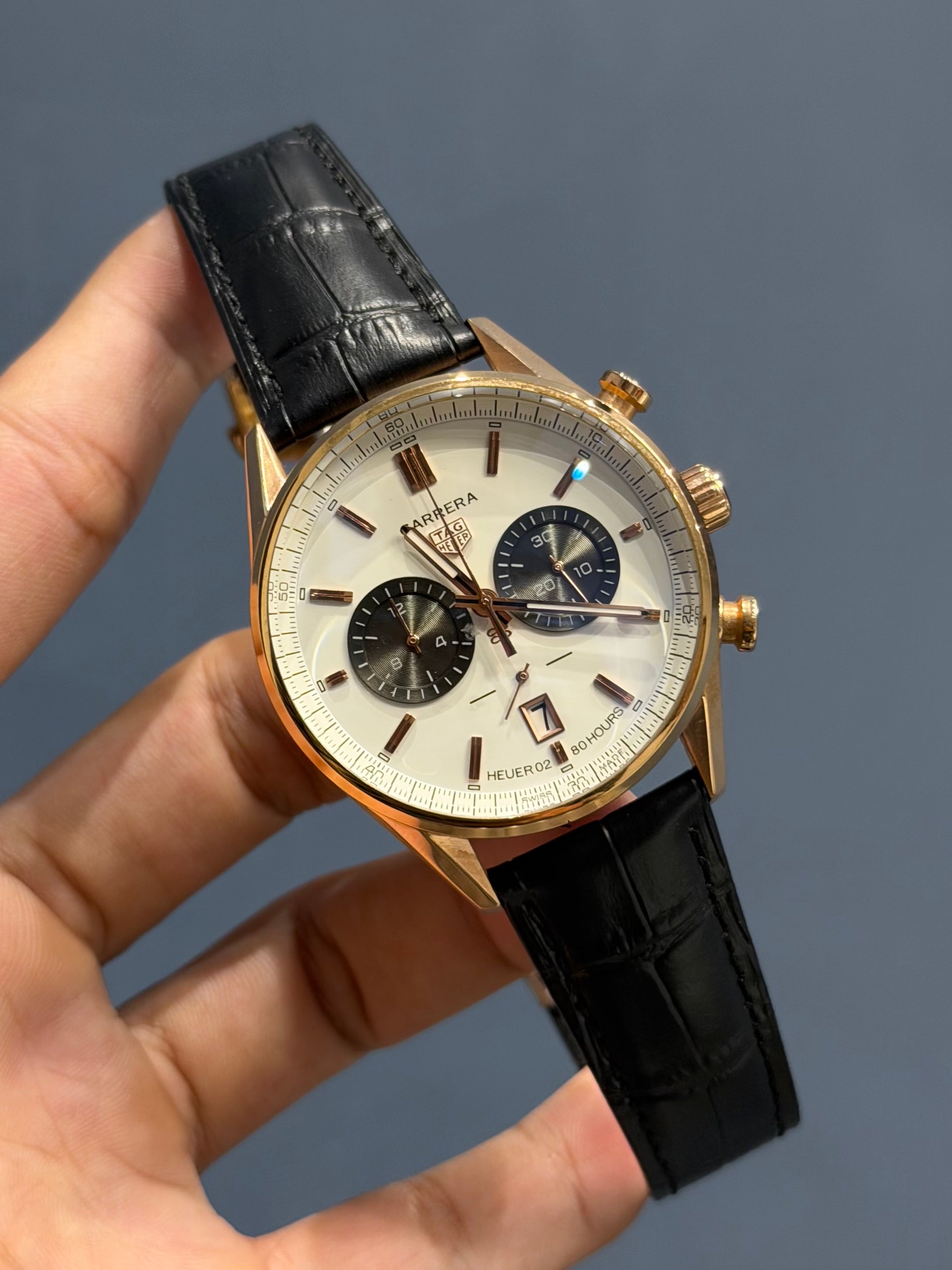 NEW COLLECTION CHRONOGRAPH ROSE CASE WITH WHITE DIAL & BEZEL WITH LEATHER STRAP