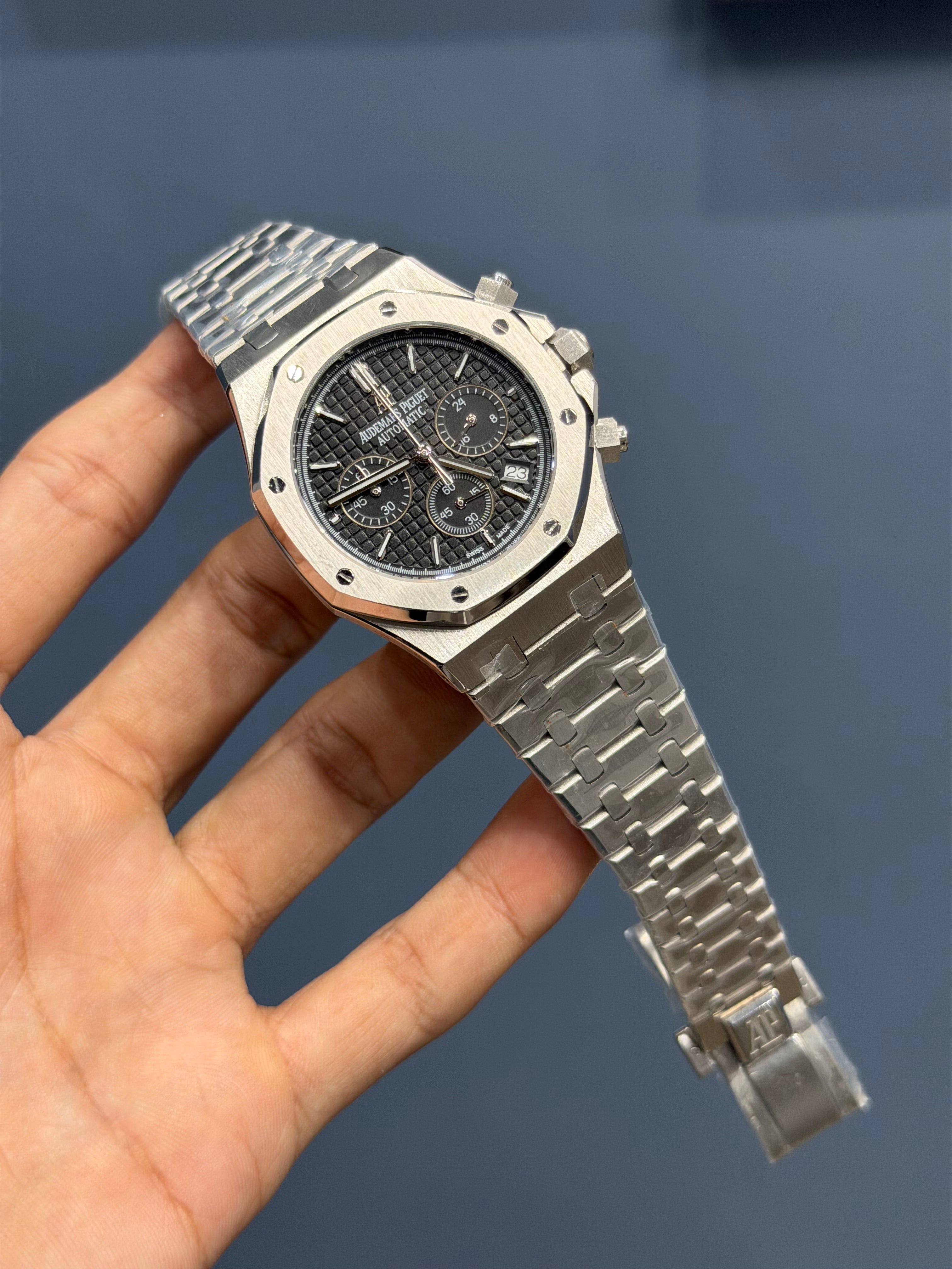 NEW COLLECTION CHRONOGRAPH SILVER WITH BLACK DIAL CHAIN WATCH
